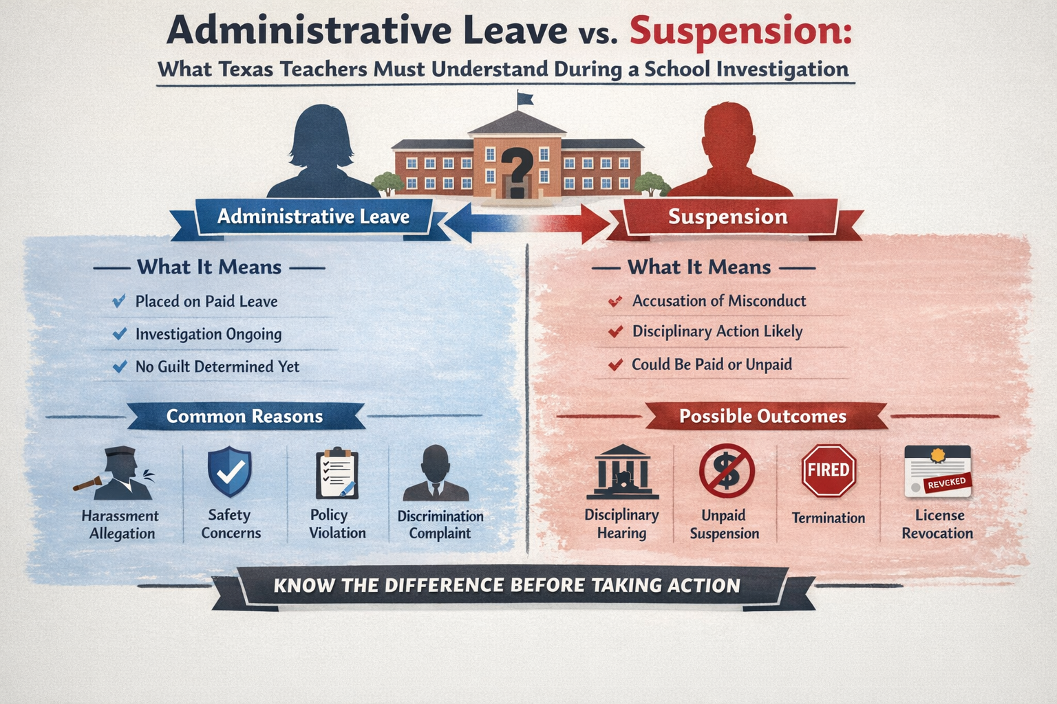 Administrative Leave vs. Suspension: What Texas Teachers Must Understand During a School Investigation” comparing two disciplinary actions. The left side explains administrative leave as paid leave during an ongoing investigation with no guilt determined, often triggered by complaints such as harassment allegations, safety concerns, policy violations, or discrimination complaints. The right side explains suspension as a disciplinary step after alleged misconduct, which may be paid or unpaid and can lead to outcomes such as disciplinary hearings, unpaid suspension, termination, or teacher license revocation.