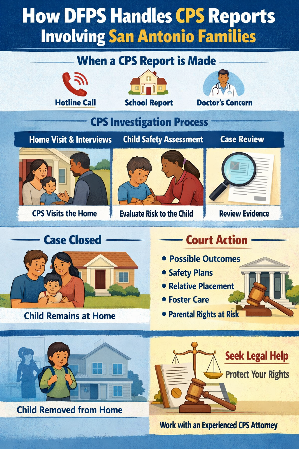How DFPS Handles CPS Reports Involving San Antonio Families” illustrating the Child Protective Services investigation process in Texas. The graphic shows how a CPS report may begin with a hotline call, school report, or doctor’s concern, followed by investigation steps such as home visits and interviews, child safety assessments, and case review. It also outlines possible outcomes including the case being closed with the child remaining at home, court action such as safety plans or relative placement, foster care, or removal of the child from the home, and encourages families to seek legal help from an experienced CPS attorney to protect their rights.