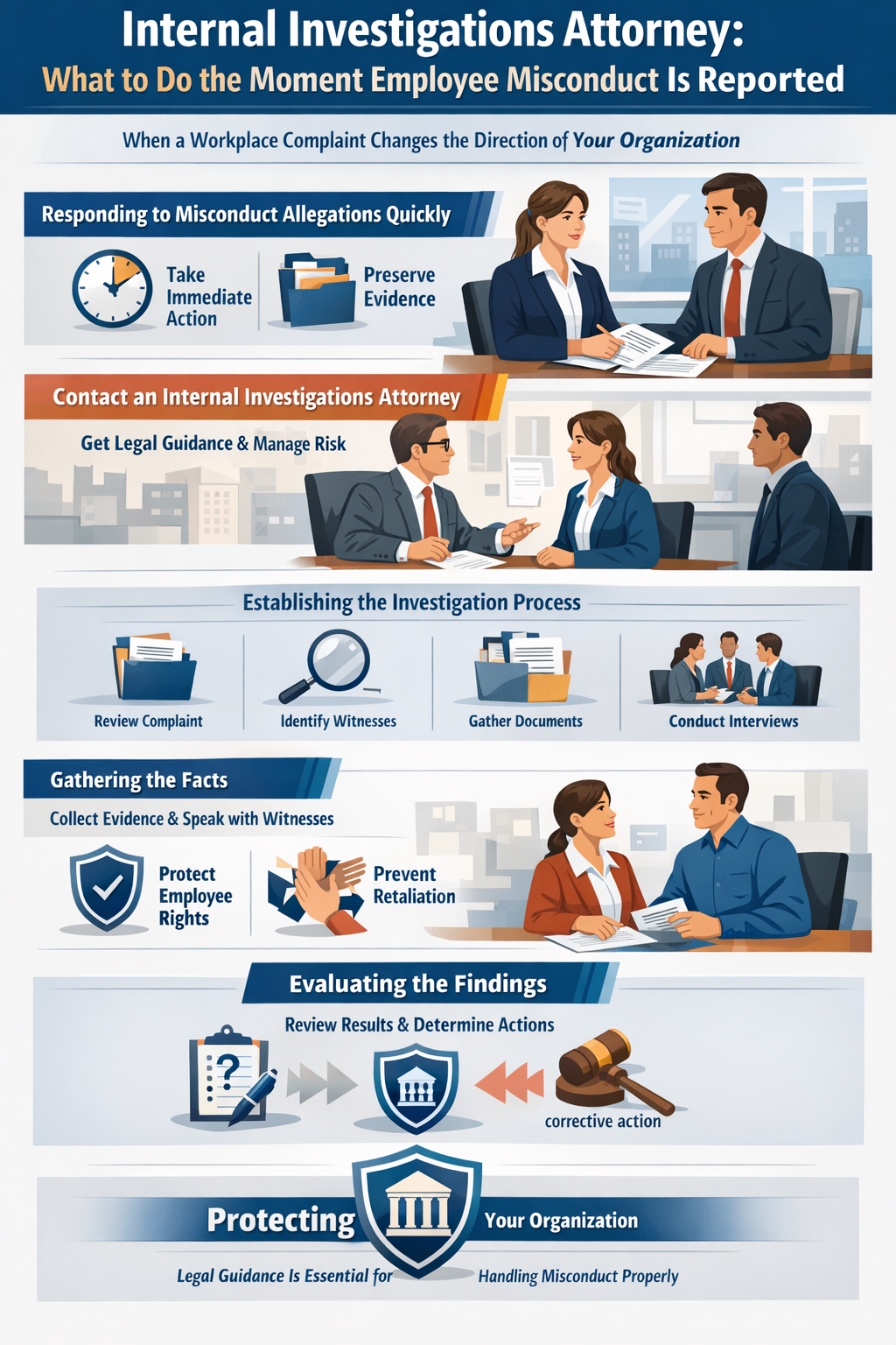 A professional illustration showing a workplace investigation scenario, where a concerned employer reviews a formal employee complaint at a desk while HR personnel and a legal advisor discuss documents in the background, conveying a serious and structured corporate environment focused on compliance, fairness, and internal investigation procedures.
