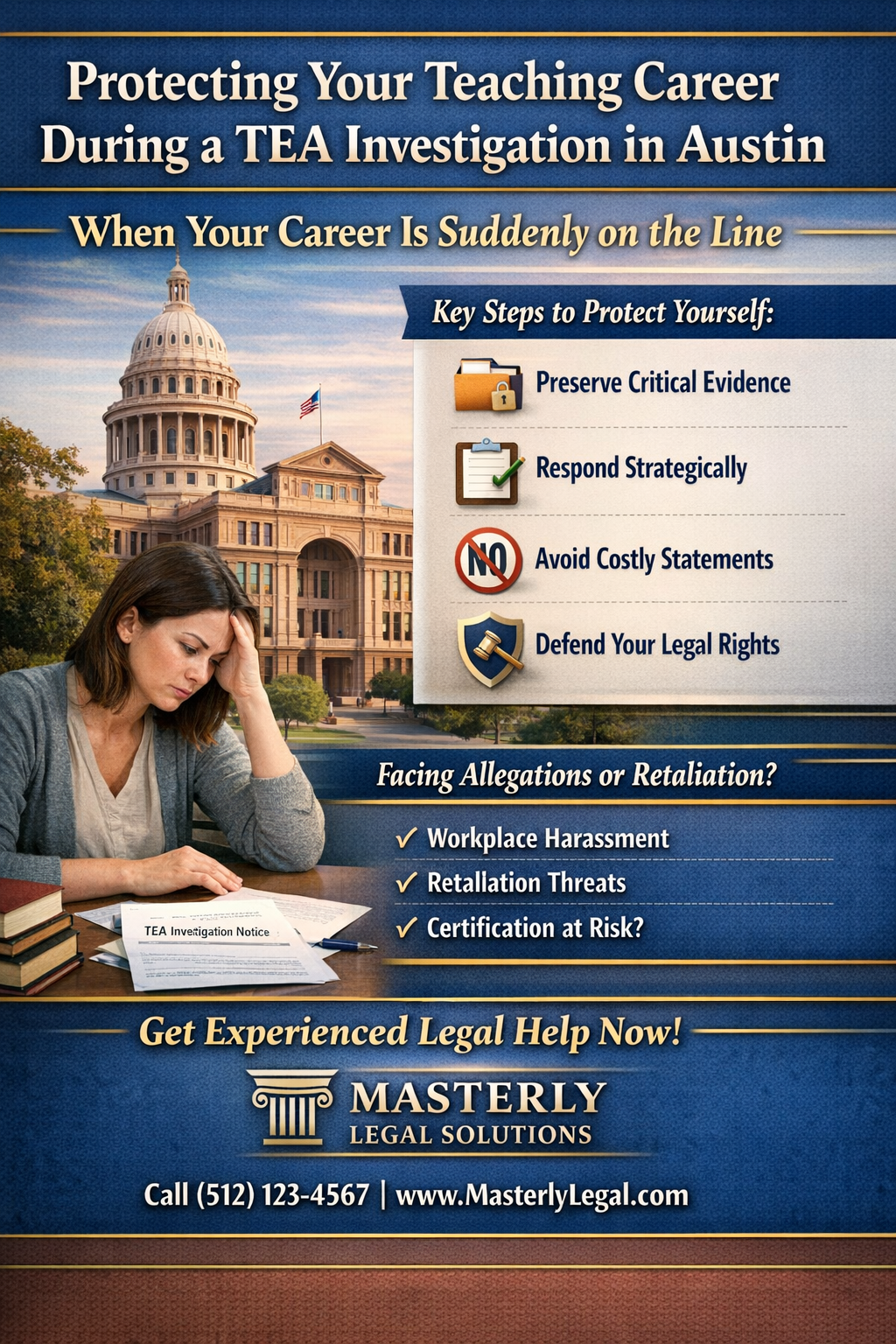 Protecting Your Teaching Career During a TEA Investigation in Austin.” The design features the Texas State Capitol in the background and a concerned female teacher reviewing a “TEA Investigation Notice” at a desk. A highlighted section lists key steps: preserve critical evidence, respond strategically, avoid costly statements, and defend your legal rights. Additional text references workplace harassment, retaliation threats, and certification risks. At the bottom, a call to action reads “Get Experienced Legal Help Now!” with Masterly Legal Solutions branding and contact information.