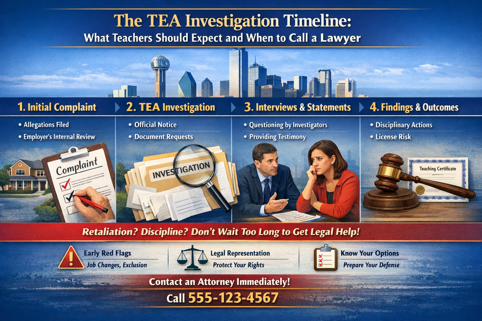 The TEA Investigation Timeline: What Teachers Should Expect and When to Call a Lawyer.” The design features a city skyline background and is divided into four stages: Initial Complaint, TEA Investigation, Interviews & Statements, and Findings & Outcomes. Each section includes brief bullet points such as allegations filed, document requests, investigator questioning, and potential disciplinary actions or license risks. Visual elements include a clipboard with a complaint checklist, a magnifying glass over investigation files, a meeting between a teacher and investigator, and a gavel next to a teaching certificate. A highlighted banner emphasizes early warning signs, legal representation, and knowing your options, with a call to action at the bottom encouraging viewers to contact an attorney immediately.