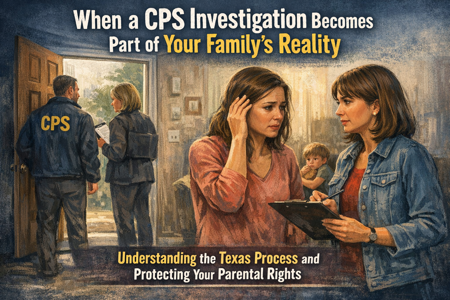 When a CPS Investigation Becomes Part of Your Family’s Reality.” The image shows two CPS agents at a front door reviewing documents, while inside, a distressed mother holds her head as she speaks with a social worker holding a clipboard. In the background, a young child sits quietly, appearing worried. The design emphasizes the emotional impact on families and includes text about understanding the Texas process and protecting parental rights.