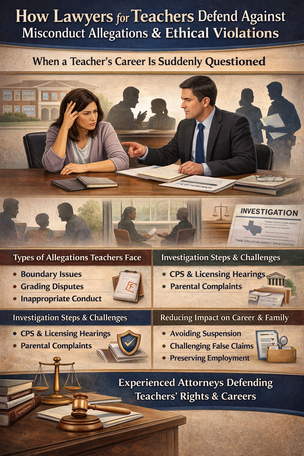 Infographic illustrating how lawyers defend teachers against misconduct allegations, including investigation steps, CPS involvement, legal strategies, and protecting careers and professional reputations