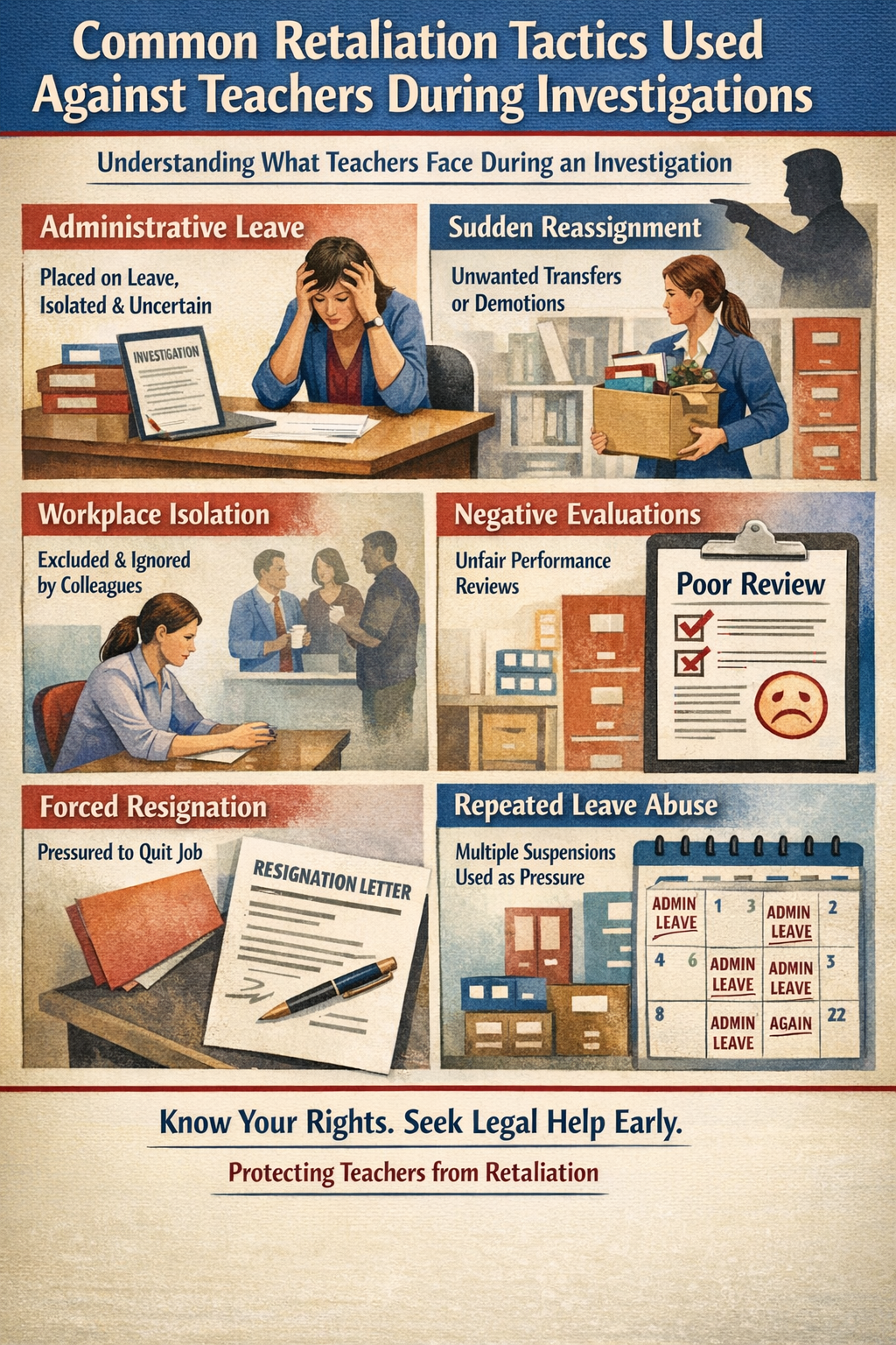 Common Retaliation Tactics Used Against Teachers During Investigations” showing a stressed teacher at a desk surrounded by investigation documents. The graphic highlights six common retaliation tactics: administrative leave (teacher isolated and uncertain), sudden reassignment (teacher carrying a box after being transferred), workplace isolation (teacher excluded from colleagues), negative evaluations (clipboard showing a poor review), forced resignation (resignation letter on a desk), and repeated leave abuse (calendar filled with multiple administrative leave dates). The bottom emphasizes: “Know Your Rights. Seek Legal Help Early. Protecting Teachers from Retaliation