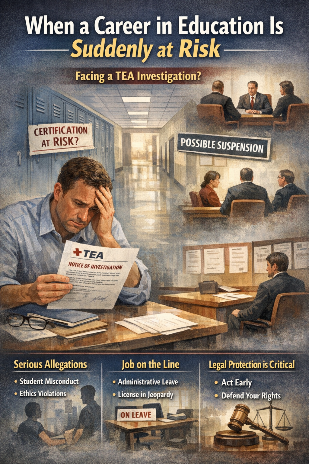 When a Career in Education Is Suddenly at Risk” showing a distressed teacher sitting at a desk reading a “TEA Notice of Investigation” letter. The background includes a school hallway with lockers and scenes of formal meetings, suggesting administrative hearings and investigations. Visual callouts highlight “Certification at Risk” and “Possible Suspension.” The bottom sections outline key concerns: serious allegations (student misconduct and ethics violations), job risks (administrative leave and license in jeopardy), and the importance of legal protection (act early and defend your rights), with imagery of a courtroom gavel and legal symbols.