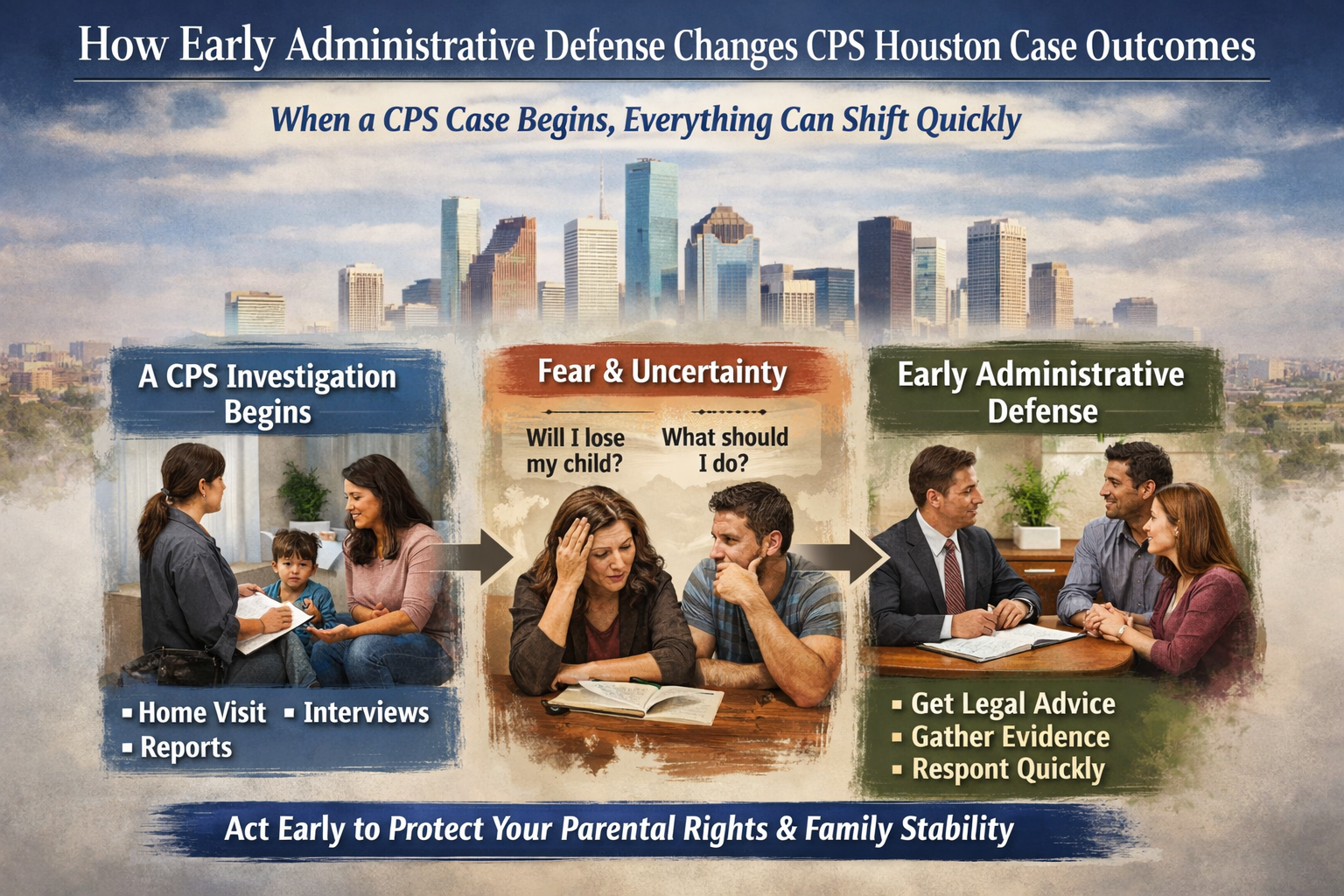 How Early Administrative Defense Changes CPS Houston Case Outcomes” showing the progression of a CPS case from initial investigation to fear and uncertainty, and finally to early legal defense. It illustrates a family meeting with a CPS worker, parents feeling stressed, and an attorney providing guidance, emphasizing the importance of acting early to protect parental rights and family stability.
