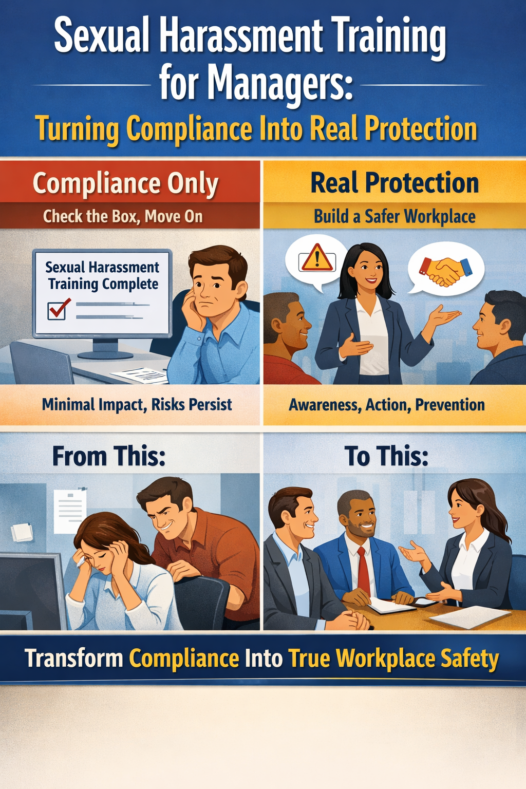 Sexual Harassment Training for Managers: Turning Compliance Into Real Protection” comparing basic compliance training with proactive workplace protection. It shows a disengaged employee completing training versus managers actively engaging in prevention, highlighting awareness, accountability, and creating a safer work environment.