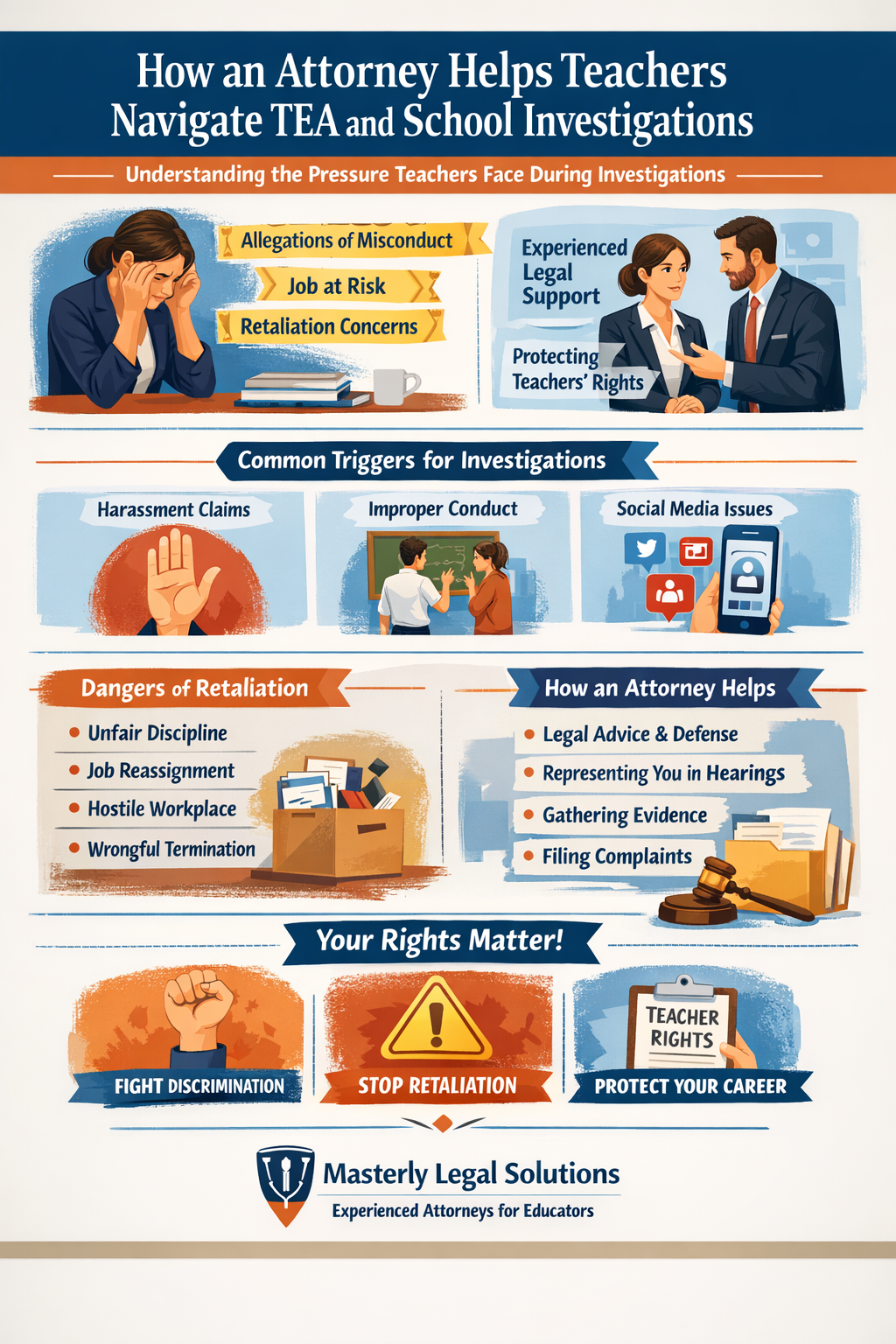 How an Attorney Helps Teachers Navigate TEA and School Investigations” showing a stressed teacher facing allegations, job risk, and retaliation concerns, alongside an attorney providing legal support. Sections highlight common investigation triggers (harassment, improper conduct, social media), risks of retaliation (unfair discipline, reassignment, hostile workplace, termination), and how attorneys assist with legal advice, representation, evidence gathering, and filing complaints. The graphic emphasizes protecting teacher rights, stopping retaliation, and safeguarding careers, branded by Masterly Legal Solutions.