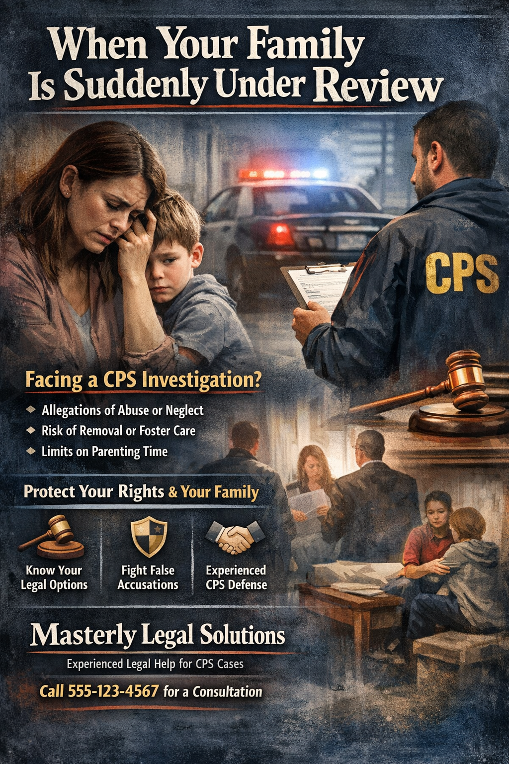 When Your Family Is Suddenly Under Review” showing a distressed mother holding her child while a CPS investigator reviews documents nearby. The image highlights the stress of a CPS investigation, including risks such as abuse or neglect allegations, potential child removal, and limits on parenting time. It also emphasizes the importance of legal help, with visuals of court proceedings and symbols representing legal protection, defense against false accusations, and safeguarding family rights, branded by Masterly Legal Solutions.