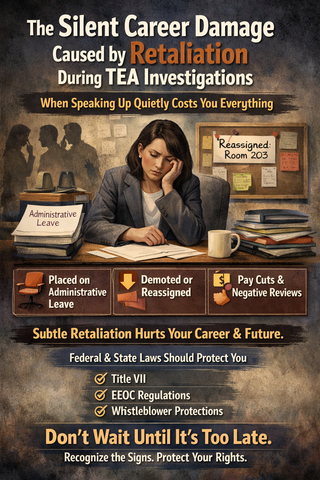 Administrative Leave,” with shadowy figures whispering in the background. A notice behind her reads “Reassigned: Room 203.” The image highlights consequences of retaliation such as demotion, reassignment, pay cuts, and negative reviews. Text emphasizes “The Silent Career Damage Caused by Retaliation During TEA Investigations” and warns that subtle retaliation can harm a person’s career despite legal protections like Title VII and EEOC regulations.