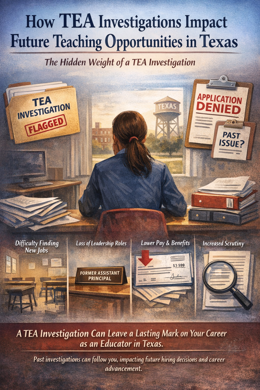 TEA Investigation – Flagged.” Nearby, documents read “Application Denied” and “Past Issue?” The image highlights the long-term career impact of investigations, including difficulty finding new jobs, loss of leadership roles, lower pay and benefits, and increased scrutiny. Text emphasizes how a TEA investigation can leave a lasting mark on future teaching opportunities in Texas.