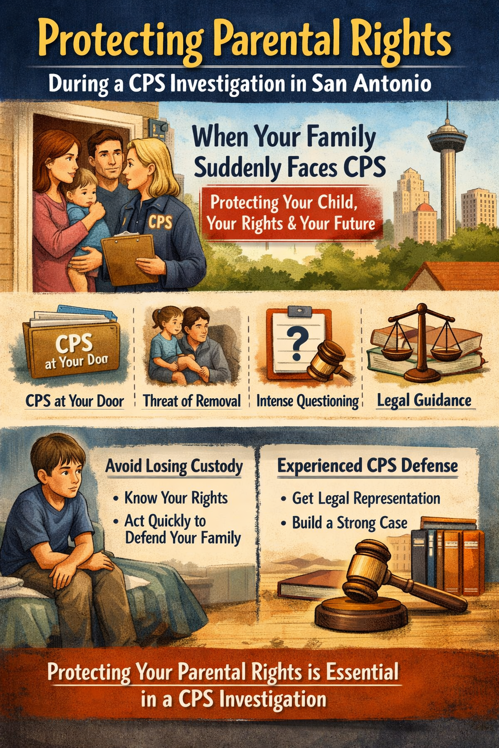 Protecting Parental Rights During a CPS Investigation in San Antonio
When Your Family Suddenly Faces CPS
No parent ever expects a knock on the door from Child Protective Services. In a moment, your entire family life can feel like it is under a microscope. Questions come quickly, emotions run high, and uncertainty takes over. For many families in San Antonio, a CPS investigation becomes one of the most stressful and confusing experiences they will ever face.
When Child Protective Services CPS becomes involved, it is not just about answering questions. It is about protecting your child, your rights, and your future. What you do in the early stages of a CPS investigation can significantly influence the outcome of your case and whether you risk losing custody of your child.
Understanding the Role of Child Protective Services
What Child Protective Services Does
Child Protective Services is part of a larger system of government agencies responsible for investigating allegations of child abuse or neglect. Their primary focus is to protect the well being of a child and determine whether the child is in immediate danger.
When CPS believes there is a risk, they have the authority to take action, which may include requesting a court order or even initiating removal from the home. These decisions can happen quickly, sometimes before parents fully understand what is taking place.
Why CPS Gets Involved
CPS investigations often begin after a report is made to social services. These reports may come from teachers, neighbors, medical professionals, or other individuals who suspect child abuse or neglect.
Once a report is filed, CPS may investigate to determine whether the allegations are credible and whether the child has been abused or placed in danger.
The CPS Investigation Process Explained
What Happens During an Investigation
The CPS investigation process can feel overwhelming, especially if you have never been investigated before. A caseworker may arrive at your home, ask to speak with your child, and request access to your living environment.
During this time, CPS may:
Interview parents and the child
Visit the home environment
Review medical or school records
Speak with other individuals involved in the child’s life
Each step is designed to determine whether the allegations of child abuse or neglect are valid.
What You Should Expect
Parents should expect the process to move quickly. CPS may act within days or even hours depending on the circumstances. If CPS believes the child is in immediate danger, they may take steps that involve removal or court intervention.
Understanding what to expect can help you remain calm and make informed decisions.
How CPS Cases Can Impact Your Family
The Emotional Toll on Families
CPS cases can place a heavy emotional burden on both parents and children. Being investigated can create stress, fear, and confusion, especially when the future of your family is uncertain.
Children may feel anxious or scared during interviews, while parents may feel overwhelmed trying to navigate the process.
Long-Term Consequences
If not handled properly, CPS cases can lead to long-term consequences, including:
Loss of custody
Placement of the child in foster care
Court involvement
Damage to family relationships
These outcomes highlight the importance of taking immediate action, especially when you are dealing with false accusations that threaten your reputation and parental rights.
Allegations of Child Abuse or Neglect
Understanding the Allegations
Allegations of child abuse or neglect can arise from misunderstandings, false reports, or complex family circumstances. Even when the claims are not accurate, CPS is required to investigate.
These allegations may involve physical harm, emotional abuse, or failure to provide proper care. Regardless of the situation, it is critical to respond carefully.
How CPS Determines Risk
CPS will evaluate whether the child is in danger and whether intervention is necessary. They may consider factors such as living conditions, parental behavior, and past history.
The goal is to determine whether the child’s best interests are being met.
Your Parental Rights During a CPS Investigation
What Rights Parents Have
Parents have important parental rights that must be respected during a CPS investigation. These rights include the ability to seek legal representation, understand the allegations, and participate in court proceedings.
It is important to remember that CPS does not have unlimited authority.
Why Protecting Your Rights Matters
If you do not actively protect your rights, you may unknowingly give CPS more control over the situation. This can affect decisions related to custody, visitation, and even whether the state attempts to terminate parental rights.
Taking early steps to defend your rights is essential.
When CPS Can Enter Your Home
Consent and Legal Authority
CPS cannot automatically enter your home without consent or a court order. Parents have the right to ask questions and understand why access is being requested.
If you allow CPS to enter without fully understanding your rights, it may impact your case.
When Entry Is Allowed
In some circumstances, CPS may enter the home without consent if they believe the child is in immediate danger. This is a serious situation and often leads to further investigation or court involvement.
The Risk of Child Removal
When Removal Becomes a Possibility
One of the most serious aspects of CPS cases is the potential removal of a child from the home. This can happen if CPS believes the child is at risk of harm.
Removal may involve placing the child in foster care while the case is reviewed.
What Happens After Removal
After removal, the case typically moves into court proceedings. A judge will review the situation and determine the next steps.
This stage is critical and requires strong CPS defense.
The Role of the Court in CPS Cases
Court Hearings and Legal Decisions
Court hearings are a central part of many CPS cases. During these hearings, a judge will review evidence, hear arguments, and make decisions about custody and services.
The court’s role is to determine what is in the best interests of the child.
Juvenile Dependency Court
In some cases, matters are handled in juvenile dependency court. This specialized court focuses on child welfare issues and works closely with protective services.
Understanding how the court system works can help parents prepare for what lies ahead, much like faculty members facing university job termination and related legal proceedings must understand institutional processes and their rights.
Building a Strong CPS Defense
Why Early Action Matters
The earlier you begin building a CPS defense, the better your chances of a favorable outcome. Waiting too long can limit your options and make it harder to defend against allegations.
Key Steps to Defend Your Case
Seek legal help immediately
Document all interactions with CPS
Avoid making statements without guidance
Follow any court orders carefully
These steps can help protect your rights and your child.
The Importance of Legal Representation
Why You Need an Experienced Attorney
Navigating CPS investigations without legal representation can be risky. An experienced attorney understands the law, the process, and how to defend your case effectively.
How CPS Lawyers Help
CPS lawyers and CPS attorneys provide critical support by:
Explaining your rights
Communicating with CPS on your behalf
Preparing you for court hearings
Building a strong defense strategy
Having the right legal team can make a significant difference.
Choosing the Right CPS Defense Attorney
What to Look For
When choosing a CPS defense attorney, it is important to find someone with experience handling CPS cases and a proven track record.
Look for attorneys who understand local courts, CPS procedures, and the challenges families face.
The Value of Local Knowledge
San Antonio CPS lawyers are familiar with local courts, county procedures, and the Texas Department guidelines. This knowledge can provide an advantage when defending your case, just as an education law attorney guiding teachers through investigations uses deep familiarity with agency procedures to protect professional licenses and careers.
Services Provided During CPS Cases
How Attorneys Support Families
Attorneys provide a wide range of services during CPS cases, including:
Legal advice and strategy
Representation in court
Assistance with documentation
Guidance through the CPS investigation process
These services are designed to protect your family and improve your outcome.
When Criminal Charges May Be Involved
Understanding the Risk
In some cases, CPS investigations may lead to criminal charges, especially when allegations involve serious harm or abuse.
Why Legal Defense Is Critical
When criminal charges are involved, the stakes are even higher. A strong defense is essential to protect your rights and your future, including proactive planning tools such as a power of attorney for your children’s care and decision-making.
Protecting Your Child and Your Future
Keeping Your Focus on What Matters
During a CPS investigation, it is easy to feel overwhelmed. However, keeping your focus on protecting your child and your family is essential.
Taking Control of the Situation
By staying informed, seeking legal help, and following proper procedures, you can take control of the situation and work toward a positive outcome.