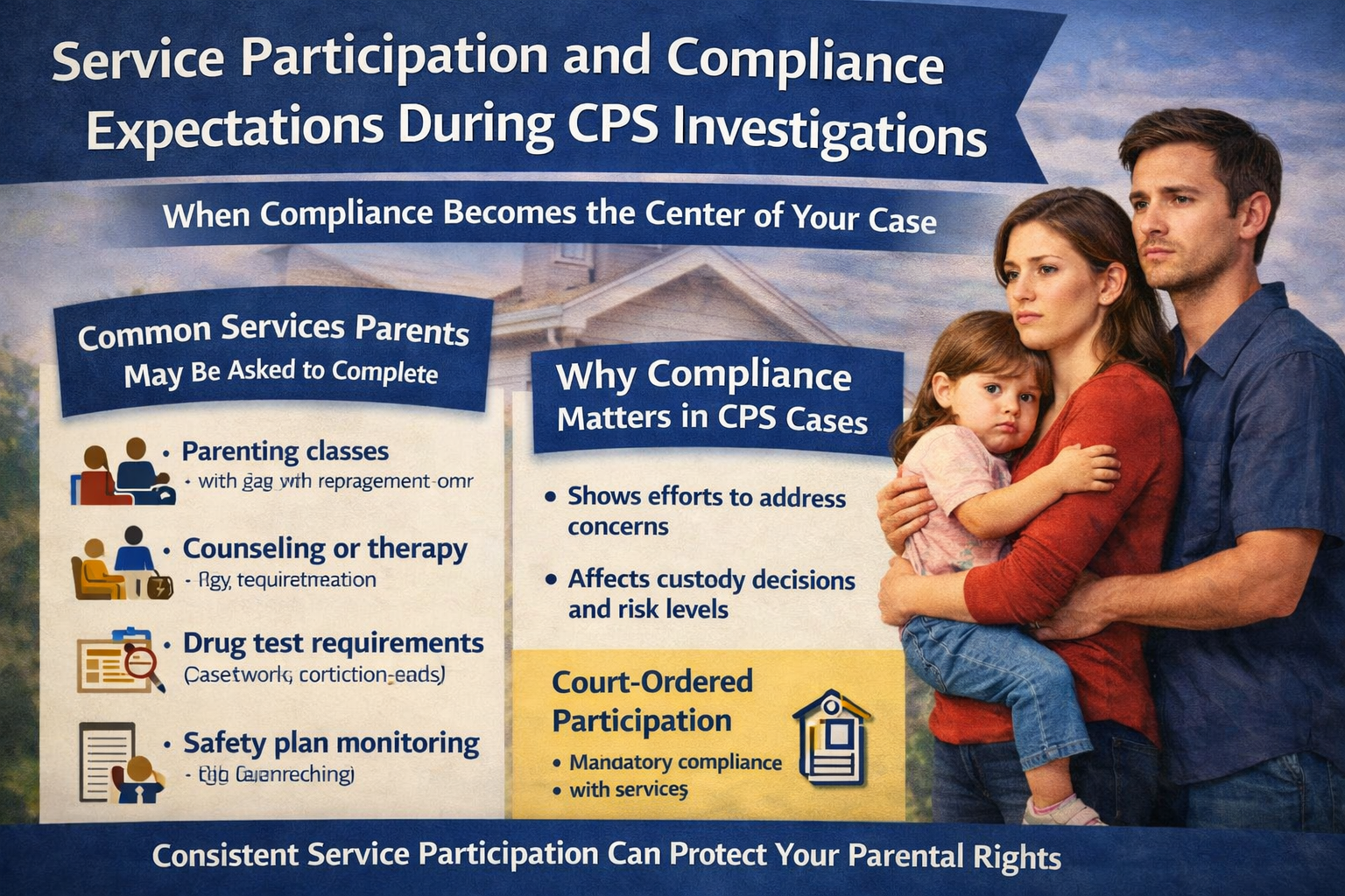 Service Participation and Compliance Expectations During CPS Investigations,” highlighting common required services such as parenting classes, counseling, drug testing, and safety plan monitoring. Additional sections explain why compliance matters, including its impact on custody decisions and risk levels, and emphasize that court-ordered participation is mandatory. The overall message stresses that consistent participation in services can help protect parental rights.