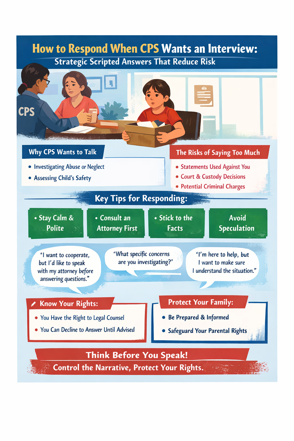 How to Respond When CPS Wants an Interview: Strategic Scripted Answers That Reduce Risk.” The visual shows a parent speaking with a CPS worker and a child nearby, illustrating the interview setting. It explains that CPS interviews are used to investigate abuse or neglect and assess a child’s safety, while warning that statements can be used in court, custody decisions, or criminal cases. Key tips include staying calm, consulting an attorney first, sticking to facts, and avoiding speculation. Example scripted responses emphasize requesting legal counsel before answering questions. The graphic also highlights parental rights and encourages preparation to protect family and legal interests.