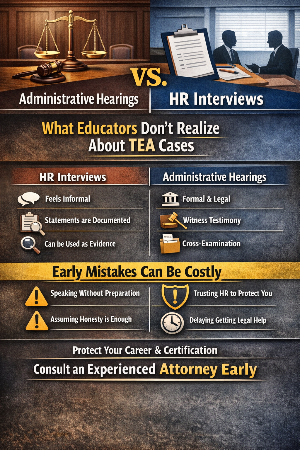 Administrative Hearings vs. HR Interviews infographic showing a split design: a courtroom with a judge’s gavel representing formal administrative hearings on one side, and an office HR meeting scene on the other. The graphic explains that HR interviews may feel informal but are documented and can be used as evidence, while administrative hearings involve formal legal procedures like witness testimony and cross-examination. It highlights common mistakes such as speaking without preparation and trusting HR to protect you, and emphasizes that early legal guidance is critical to protect an educator’s career and certification.