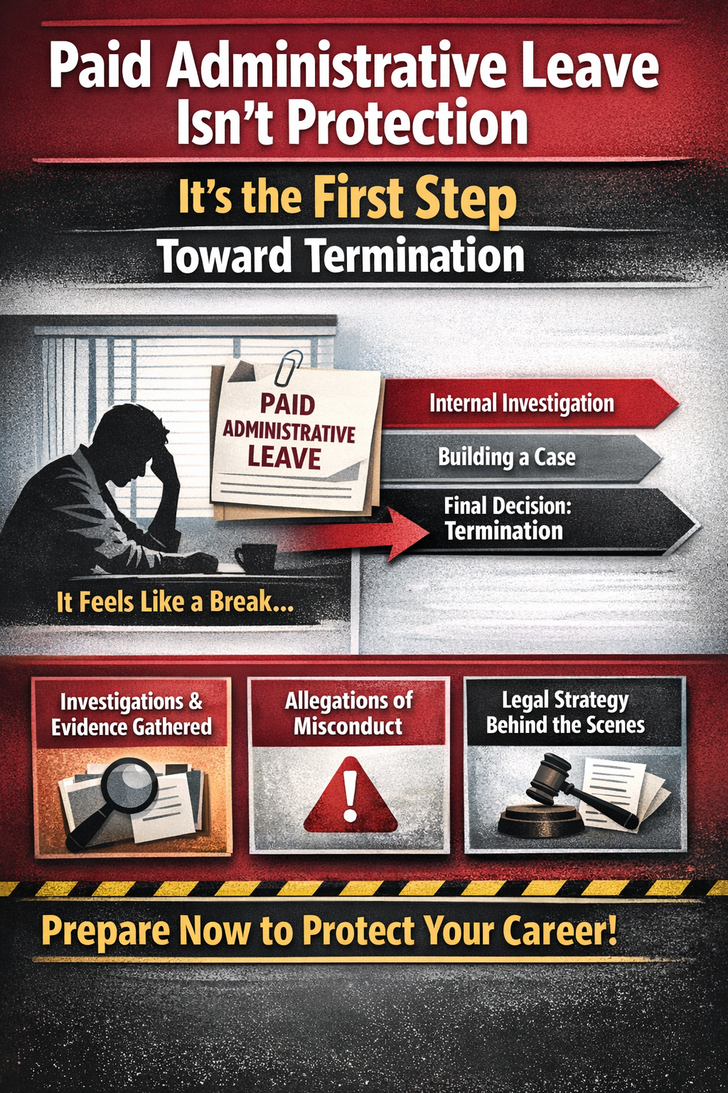 Paid Administrative Leave Isn’t Protection—It’s the First Step Toward Termination.” The design shows a stressed employee sitting at a desk next to a document labeled “Paid Administrative Leave,” with a progression arrow pointing to “Internal Investigation,” “Building a Case,” and “Final Decision: Termination.” Supporting sections highlight that it may feel like a break but actually involves evidence gathering, misconduct allegations, and behind-the-scenes legal strategy. The graphic concludes with a warning encouraging educators to prepare early to protect their career.