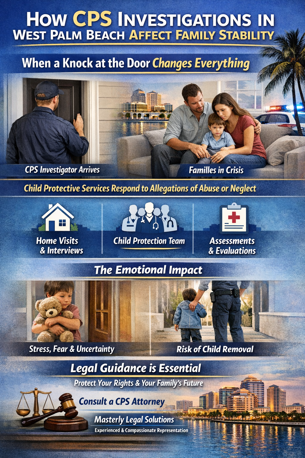 Infographic showing how CPS investigations in West Palm Beach affect family stability, including home visits, interviews, emotional impact, risk of child removal, and the importance of legal guidance from a CPS attorney.