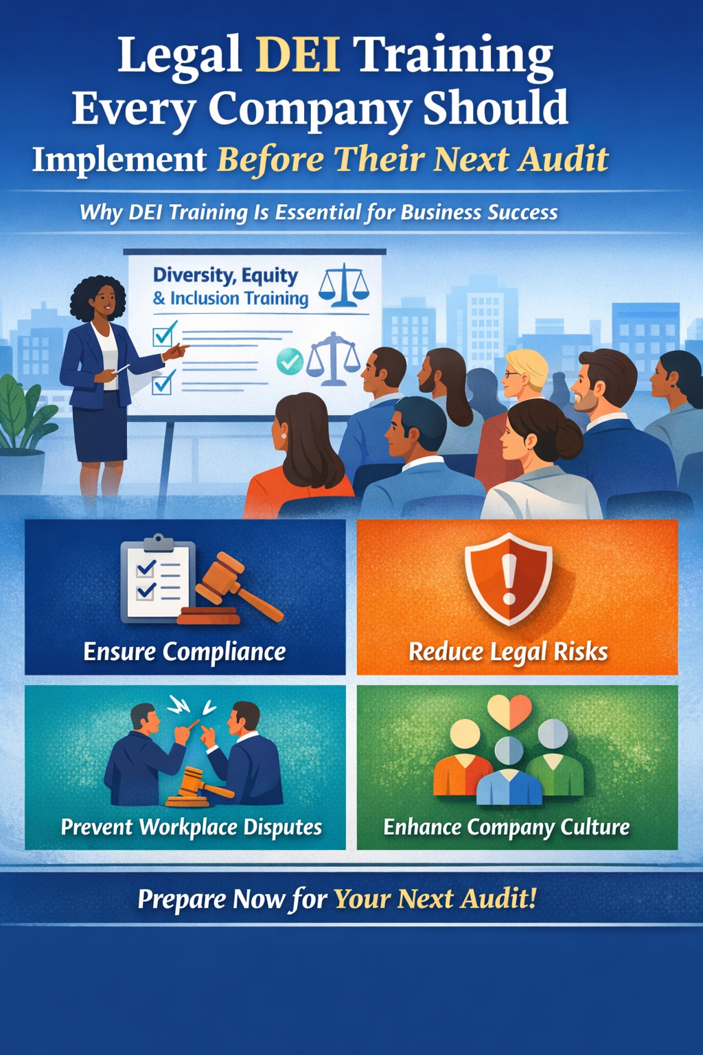Infographic highlighting legal DEI training every company should implement before an audit, featuring a workplace training session and key benefits such as ensuring compliance, reducing legal risks, preventing workplace disputes, and enhancing company culture.