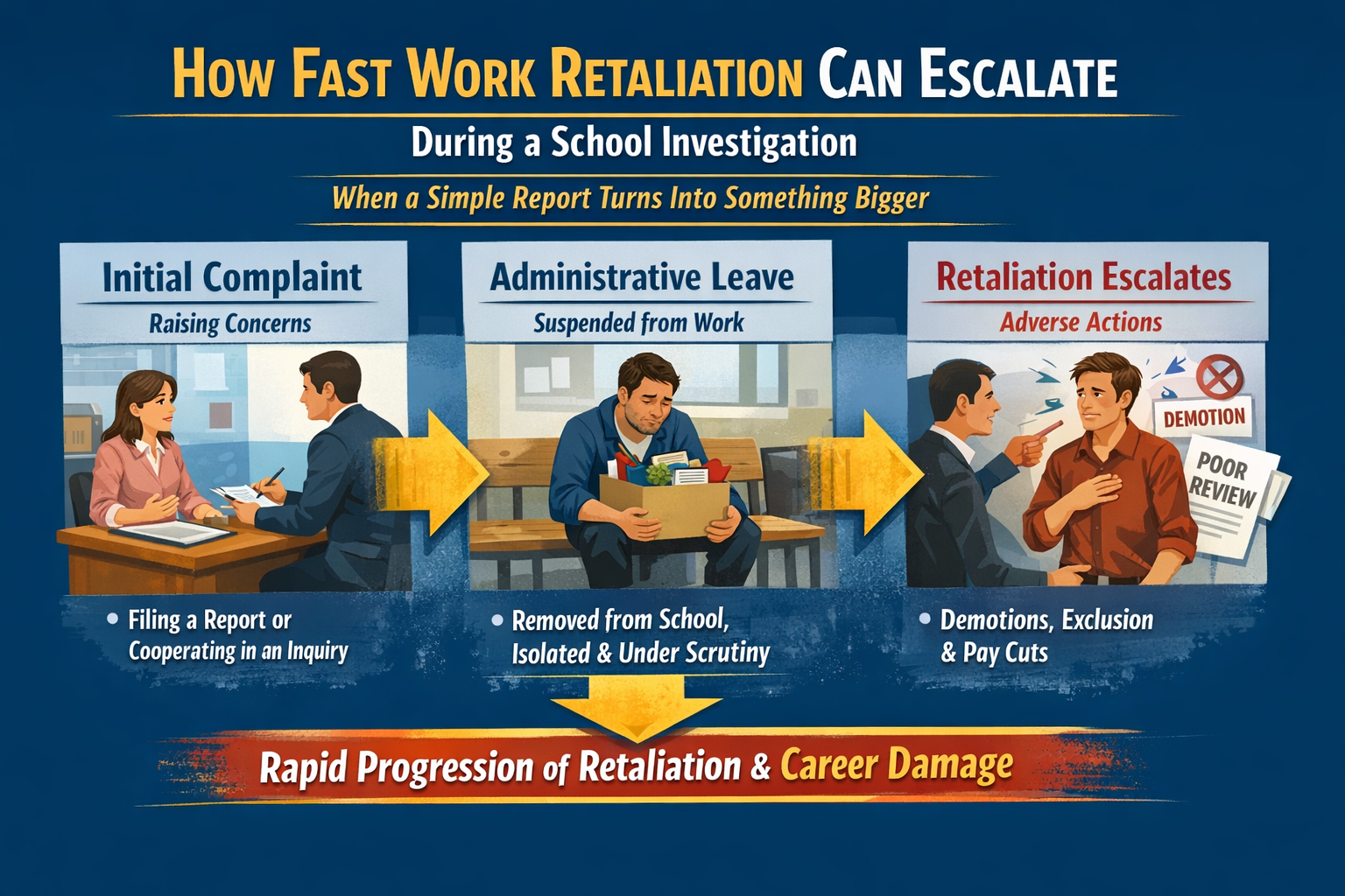 Infographic showing how workplace retaliation can escalate quickly during a school investigation, featuring a rising arrow timeline from filing a complaint, to increased scrutiny, and ending with career consequences like demotion or job loss.