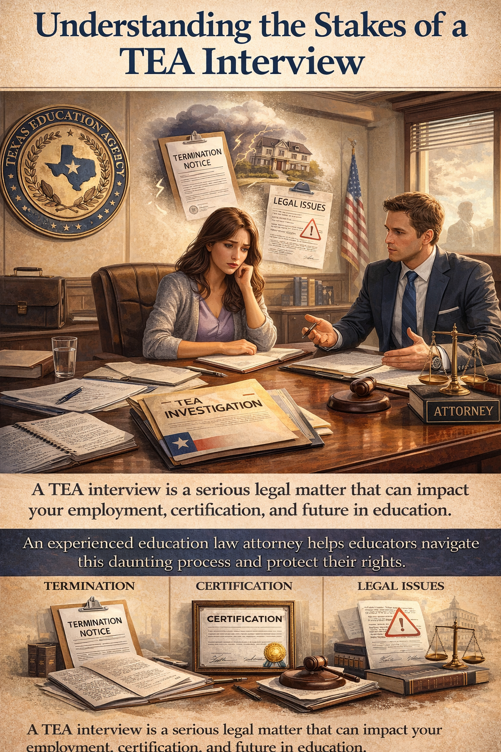 Illustration of a stressed teacher meeting with an education law attorney during a Texas Education Agency (TEA) investigation, with documents showing termination, certification, and legal risks highlighting the seriousness of a TEA interview.