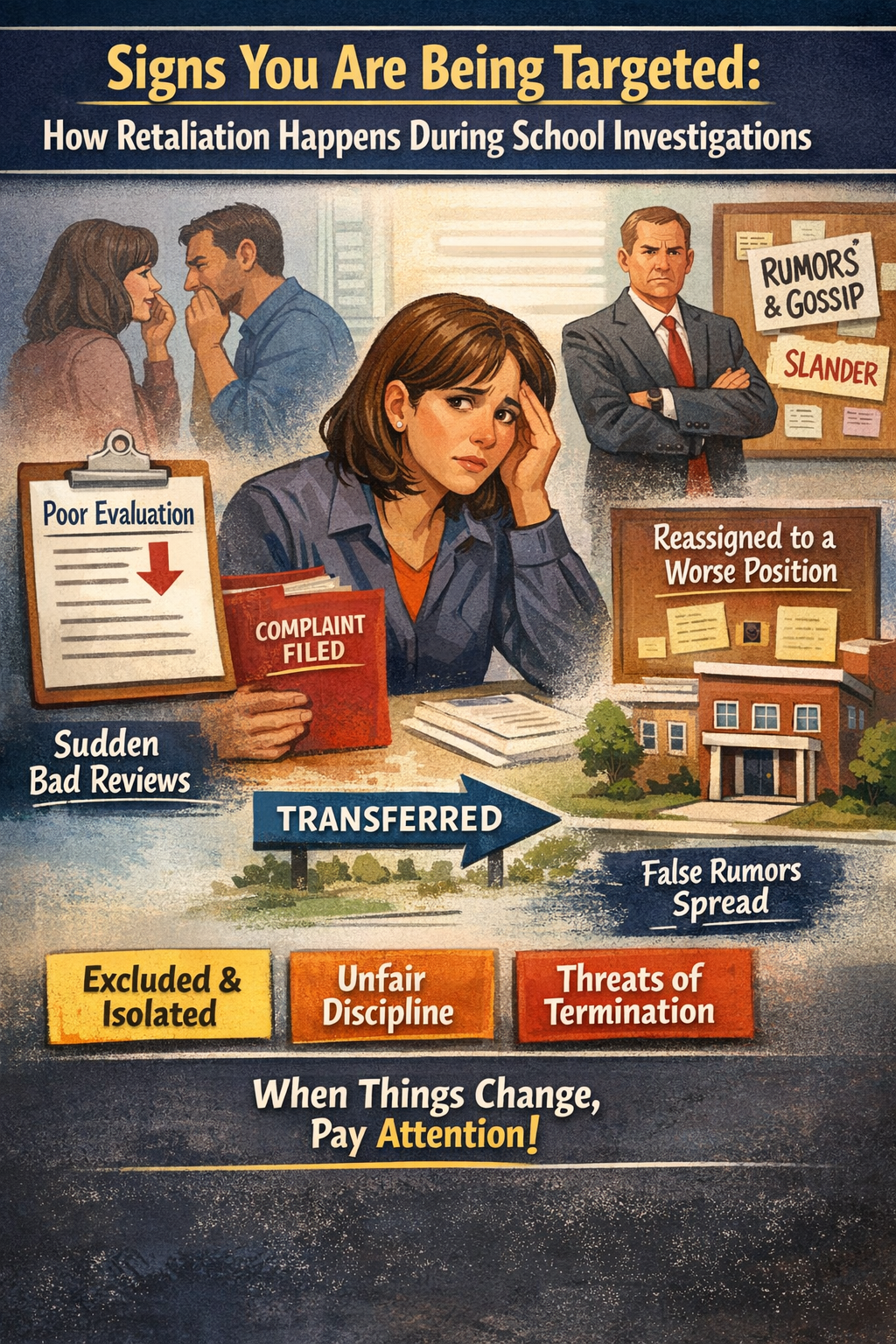 Illustration of a distressed teacher holding a complaint file while facing workplace retaliation, with visuals showing poor evaluations, reassignment, rumors, isolation, and threats of termination during a school investigation.