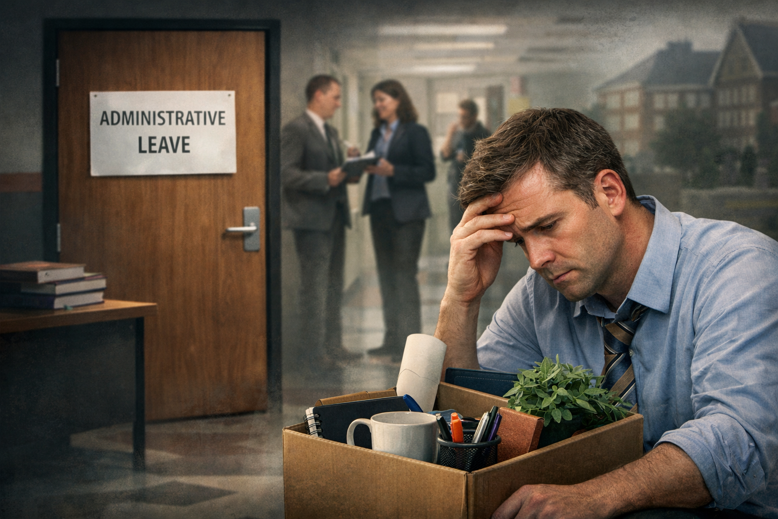 Image of a distressed teacher holding a box of personal belongings while sitting outside a room labeled “Administrative Leave,” with administrators talking in the background, symbolizing job uncertainty and workplace investigation.