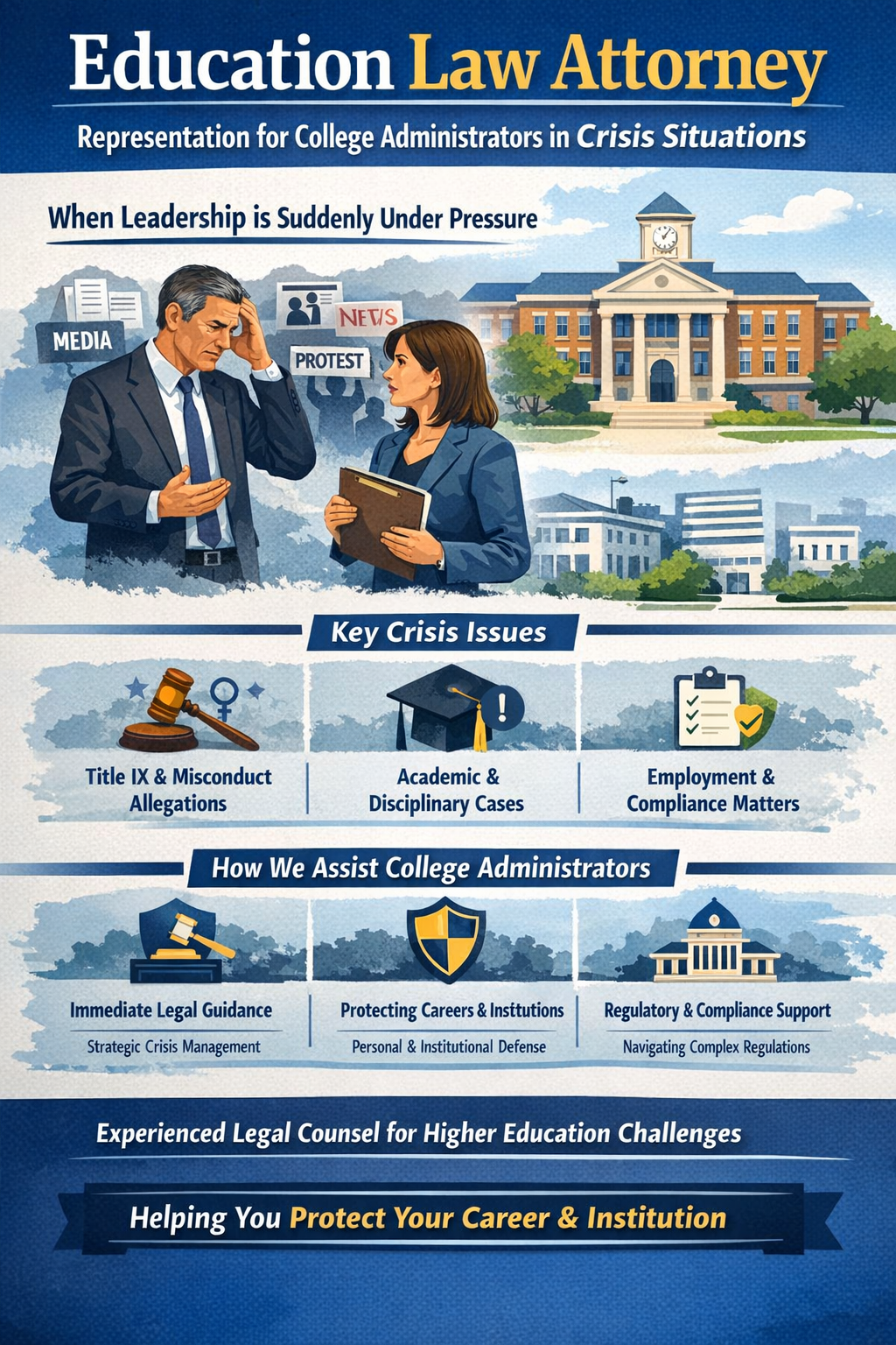 Education Law Attorney Representation for College Administrators in Crisis Situations” shows a stressed college administrator speaking with a legal professional in front of a university building, with media and protest imagery in the background. It outlines key crisis issues such as Title IX and misconduct allegations, academic and disciplinary cases, and employment and compliance matters. The graphic highlights how attorneys assist administrators through immediate legal guidance, protecting careers and institutions, and providing regulatory support, emphasizing the importance of experienced legal counsel in higher education crises.