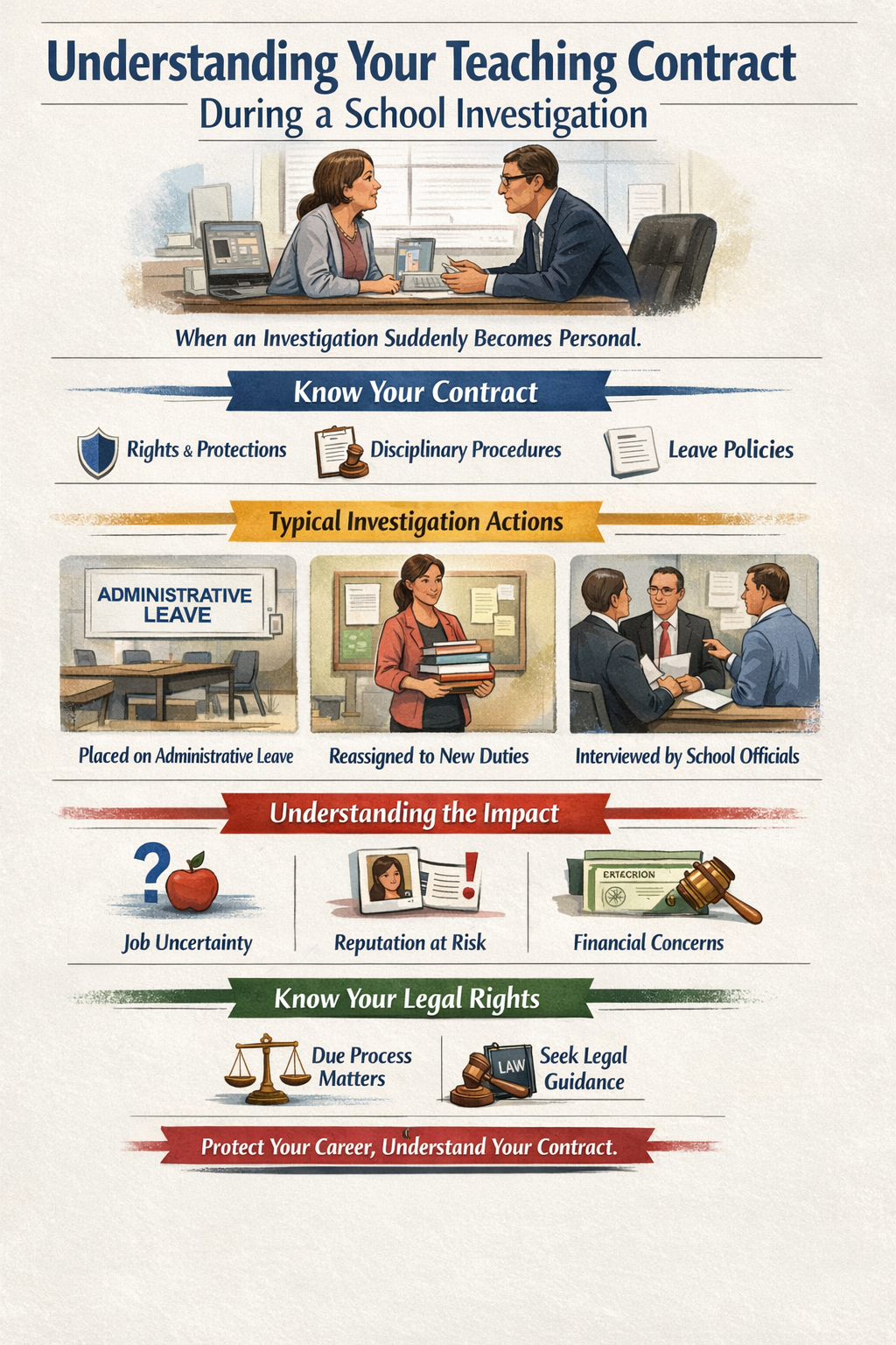 Understanding Your Teaching Contract During a School Investigation” shows a teacher meeting with an administrator and outlines key concepts such as knowing your contract, including rights and protections, disciplinary procedures, and leave policies. It highlights common investigation actions like administrative leave, reassignment, and interviews, as well as potential impacts such as job uncertainty, reputation risk, and financial concerns. The graphic emphasizes due process and seeking legal guidance to protect your career.