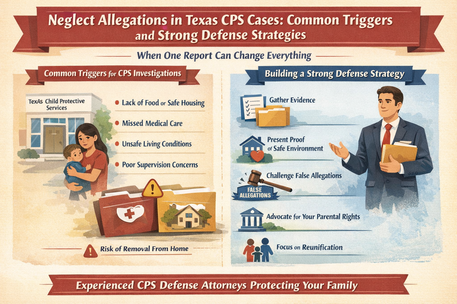 Neglect Allegations in Texas CPS Cases: Common Triggers and Strong Defense Strategies.” It depicts a concerned parent with a child on one side and a CPS investigator reviewing documents on the other. The center shows folders labeled “CPS Report” and “Investigation File.” The graphic outlines key sections including how CPS investigations begin (interviews, home visits, document requests), common triggers for neglect allegations (lack of supervision, missed medical care, unsafe housing), and the investigation process. It highlights risks such as emergency child removal and juvenile dependency court involvement. Additional sections focus on protecting parental rights, building a strong defense strategy with legal representation, and the goal of reunification. The overall message emphasizes acting quickly and seeking experienced legal help to protect your family.