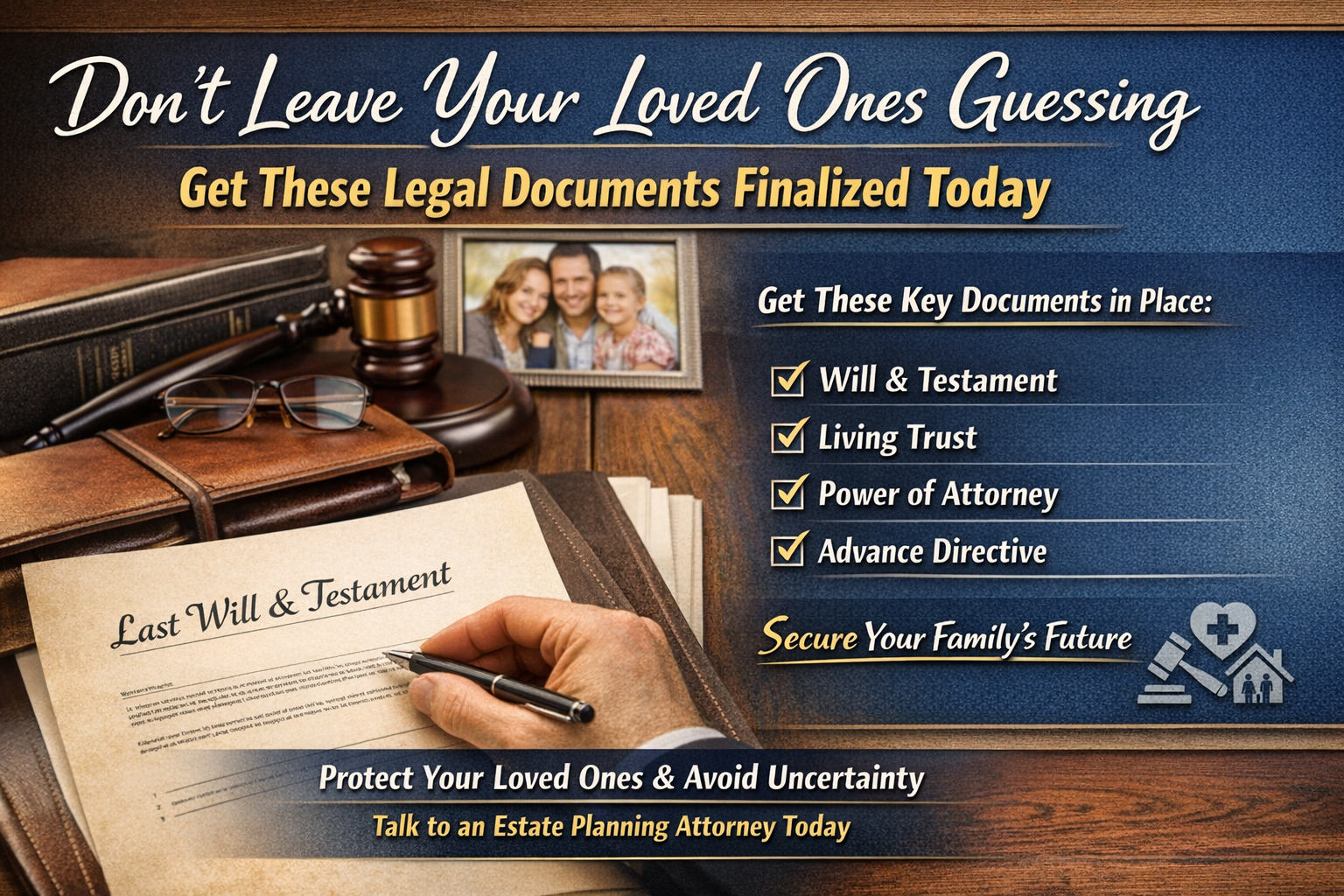 Don’t Leave Your Loved Ones Guessing – Get These Legal Documents Finalized Today.” It shows a close-up of a person signing a “Last Will & Testament” on a desk with a gavel, glasses, and legal books nearby, symbolizing estate planning. A framed photo of a smiling family sits in the background, emphasizing protection for loved ones. On the right, a checklist highlights key documents including a will and testament, living trust, power of attorney, and advance directive. The message encourages securing your family’s future and consulting an estate planning attorney to avoid uncertainty.