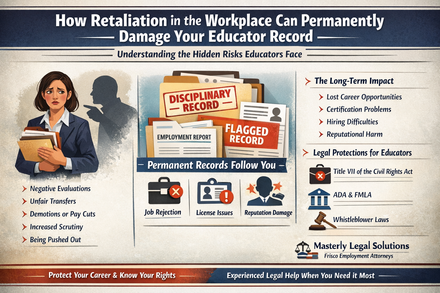 How Retaliation in the Workplace Can Permanently Damage Your Educator Record.” It shows a concerned female educator holding files while a shadow points at her, symbolizing retaliation. In the center, documents labeled “Disciplinary Record,” “Employment Report,” and “Flagged Record” highlight how permanent records follow educators. The graphic lists consequences such as negative evaluations, unfair transfers, demotions, increased scrutiny, and being pushed out. It also outlines long-term impacts including job rejection, license issues, and reputational damage, along with legal protections like Title VII, ADA, FMLA, and whistleblower laws. The bottom emphasizes protecting your career and knowing your rights with support from employment attorneys.