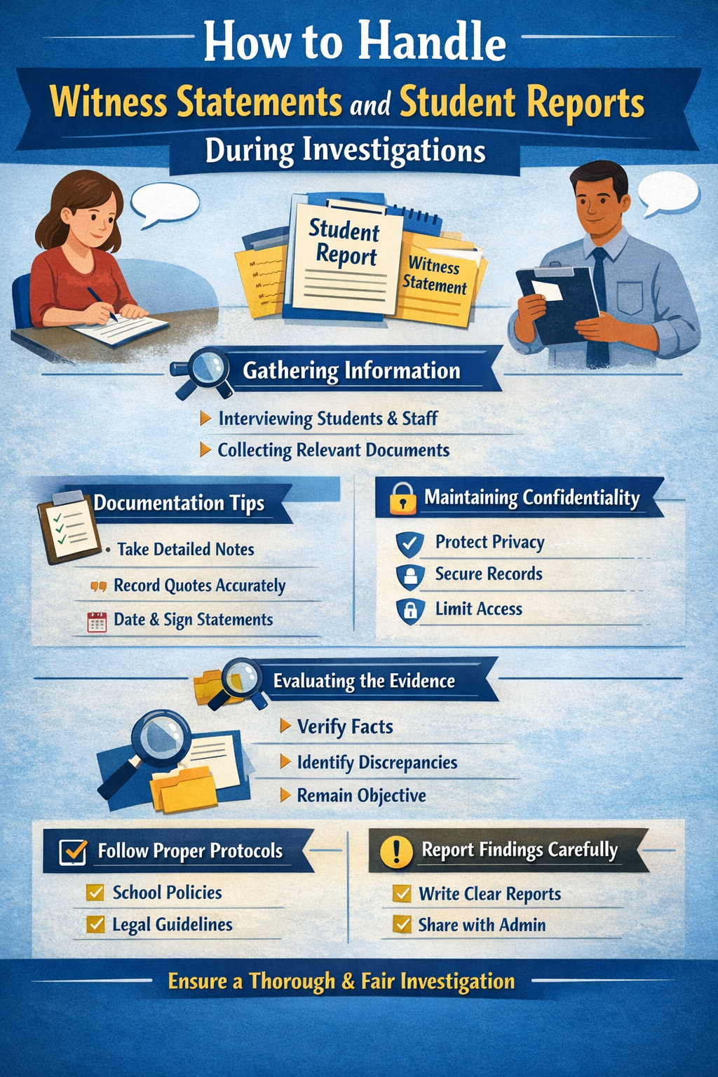 How to Handle Witness Statements and Student Reports During Investigations.” It shows a student writing notes on the left and an administrator reviewing documents on the right, with folders labeled “Student Report” and “Witness Statement” in the center. The graphic outlines key steps including gathering information (interviewing students and staff, collecting documents), documentation tips (taking detailed notes, recording quotes, signing statements), maintaining confidentiality (protecting privacy, securing records, limiting access), evaluating evidence (verifying facts, identifying discrepancies, remaining objective), and following proper protocols and reporting findings carefully. The overall message emphasizes conducting a thorough and fair investigation.