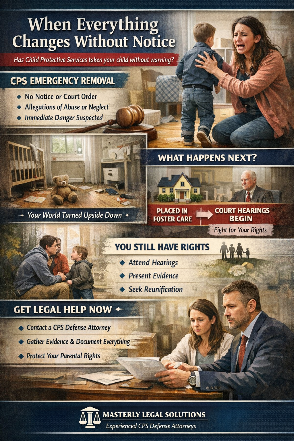 When Everything Changes Without Notice” illustrating the fear and urgency of CPS removing a child without warning. It shows a distressed mother reaching for her child, scenes of a disrupted home, and a courtroom setting. Text highlights CPS emergency removal without notice, allegations of abuse or neglect, and immediate danger. It explains next steps such as foster care placement and court hearings, emphasizes parental rights like attending hearings and presenting evidence, and encourages contacting a CPS defense attorney to protect parental rights. The bottom features Masterly Legal Solutions branding.