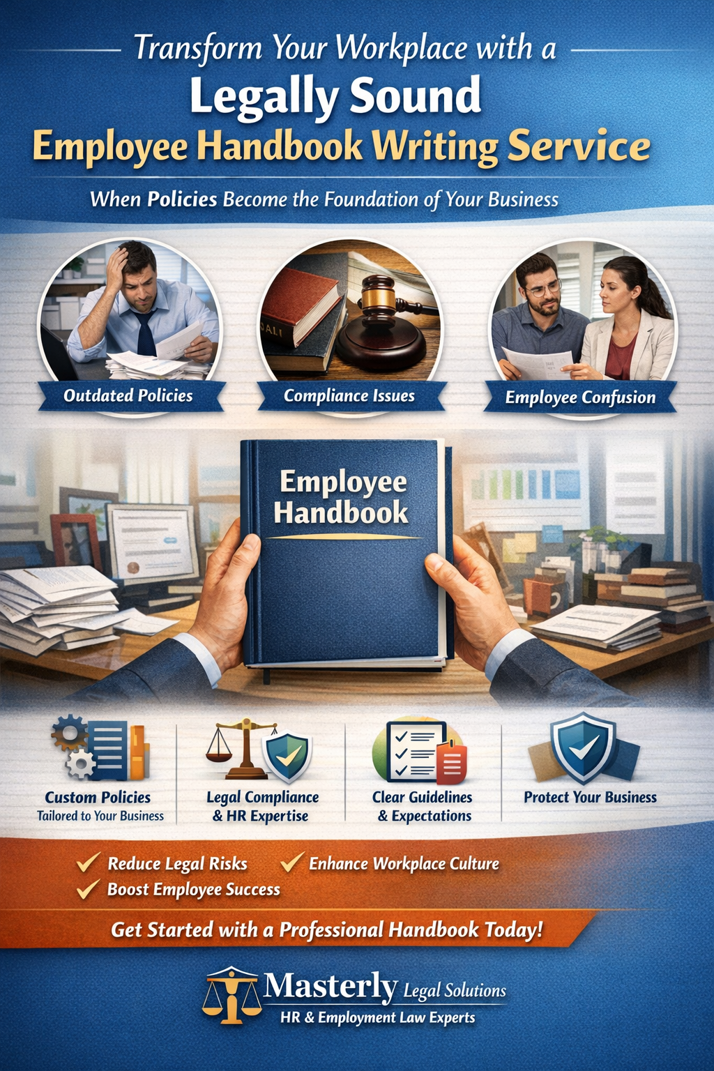 Transform Your Workplace with a Legally Sound Employee Handbook Writing Service.” The image shows business professionals reviewing documents, a gavel symbolizing legal compliance, and a central visual of hands holding an “Employee Handbook.” It highlights common workplace issues like outdated policies, compliance problems, and employee confusion. Key benefits listed include custom policies, legal and HR expertise, clear guidelines, and business protection. A call to action encourages businesses to reduce legal risks, improve workplace culture, and get started with professional handbook services from Masterly Legal Solutions.