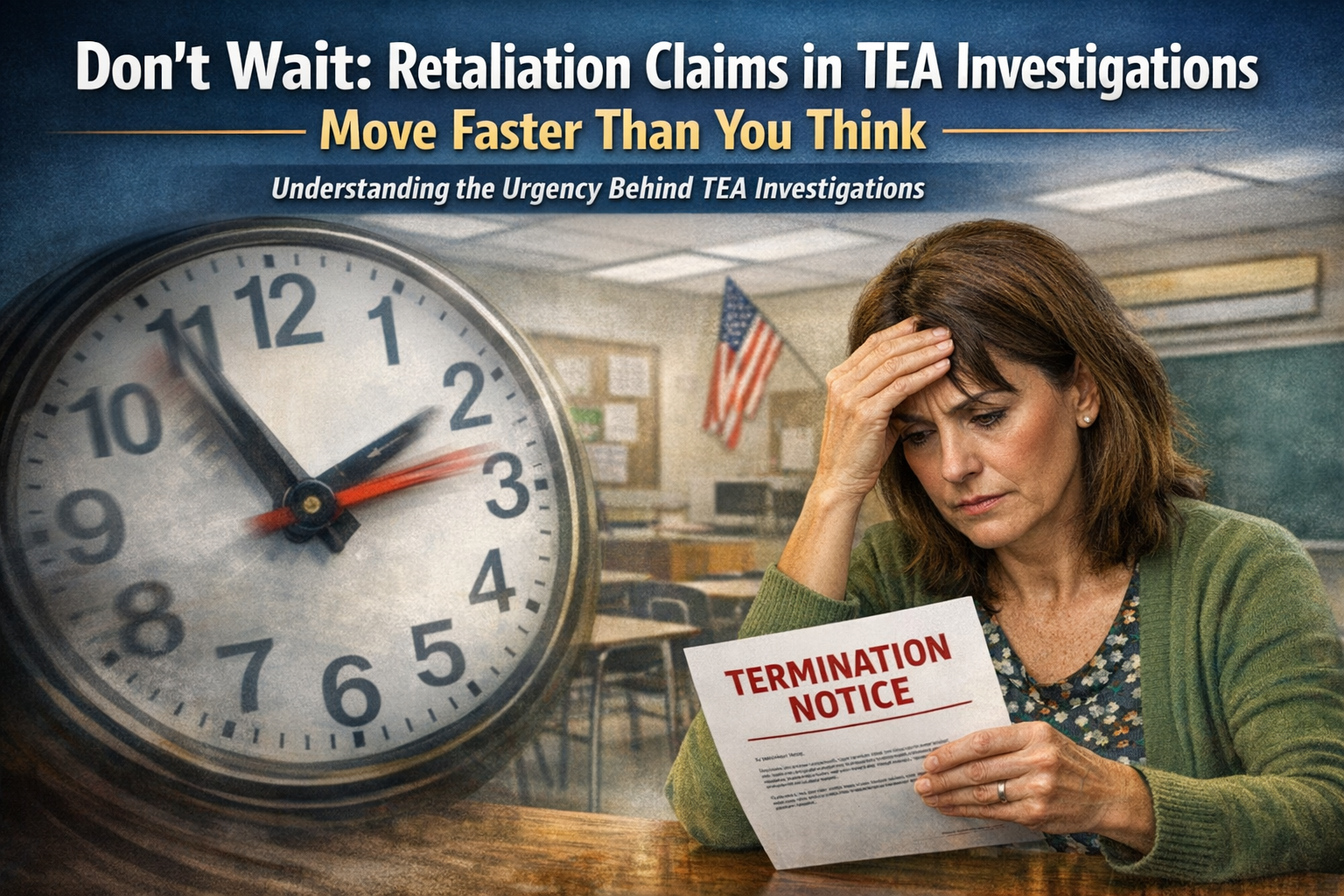 A concerned female teacher sits in a classroom holding a termination notice while a large blurred clock beside her symbolizes urgency, with headline text emphasizing that retaliation claims in TEA investigations move quickly.