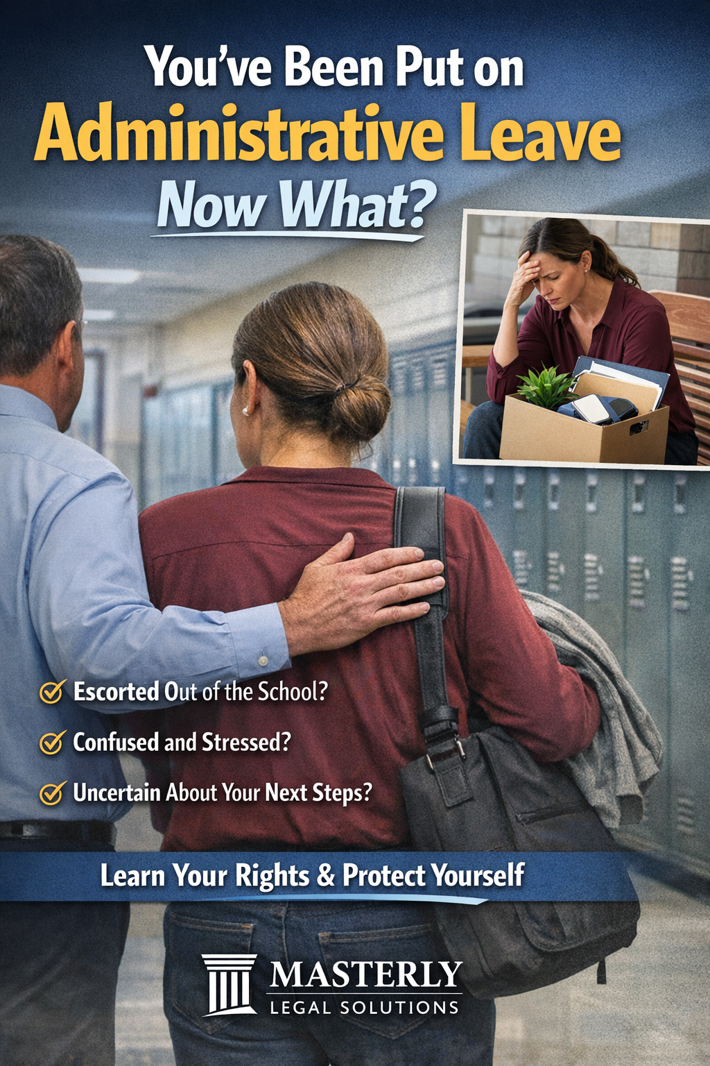 A school employee is escorted down a hallway by a supervisor while carrying a bag, with an inset image of the employee sitting distressed beside a box of belongings, alongside bold text about being placed on administrative leave and understanding next steps.