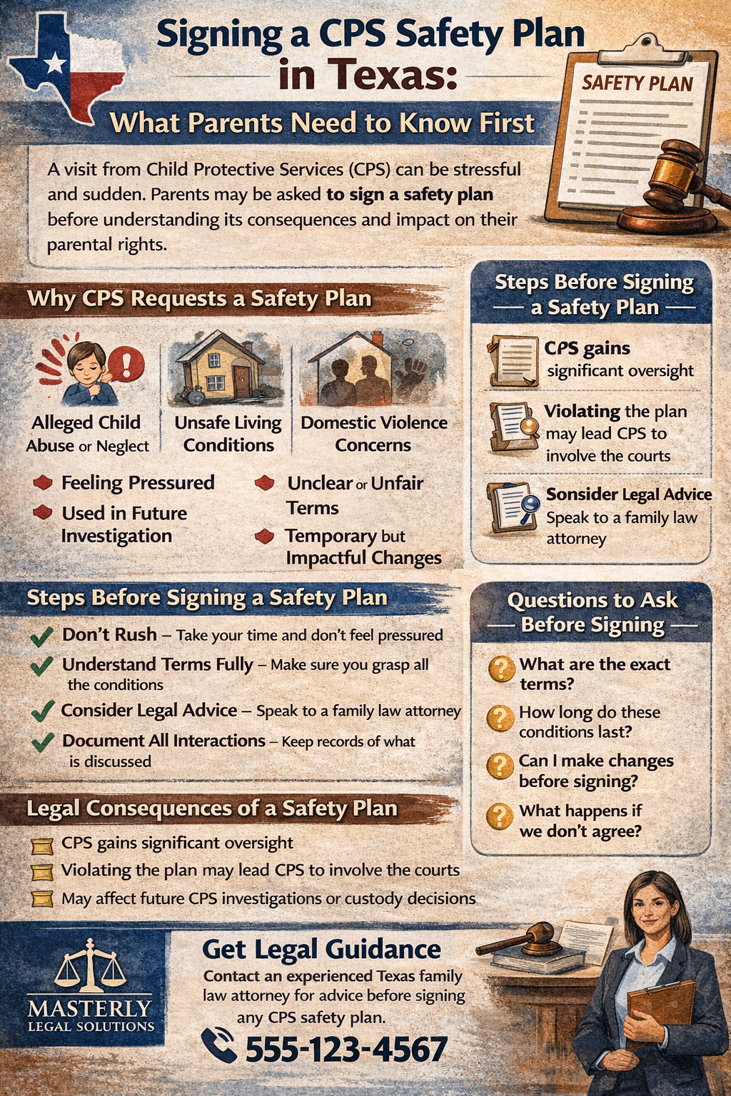 Signing a CPS Safety Plan in Texas: What Parents Need to Know First,” explaining why Child Protective Services may request a safety plan, steps parents should take before signing, questions to ask, and possible legal consequences, with guidance to seek advice from a Texas family law attorney.