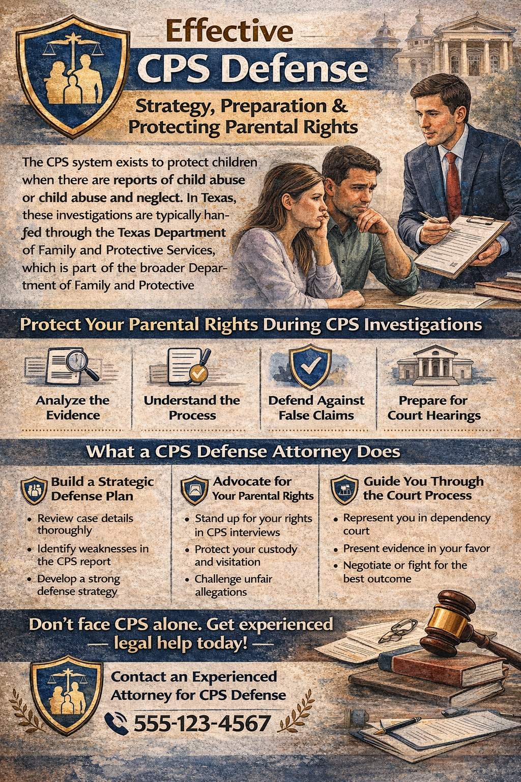Effective CPS Defense: Strategy, Preparation & Protecting Parental Rights” explaining how parents can respond to CPS investigations, including analyzing evidence, understanding the CPS process, defending against false allegations, preparing for court hearings, and how a CPS defense attorney helps protect parental rights and guide families through dependency court.