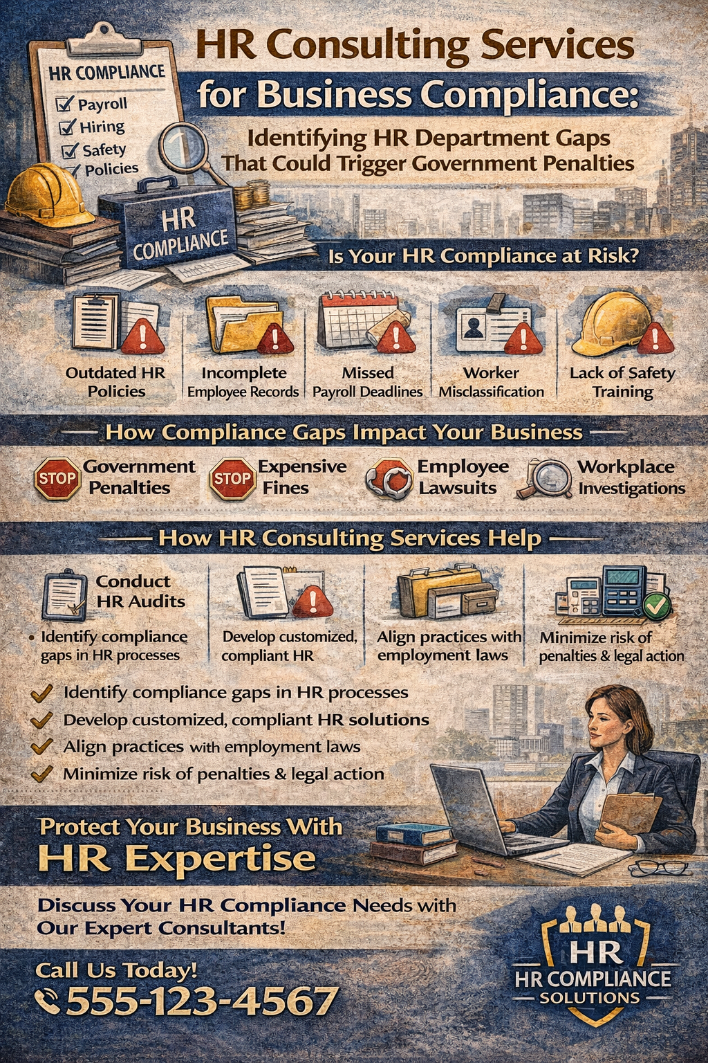 HR Consulting Services for Business Compliance: Identifying HR Department Gaps That Could Trigger Government Penalties,” highlighting common HR compliance risks such as outdated policies, incomplete employee records, payroll mistakes, worker misclassification, and lack of safety training, along with how HR consulting services help businesses conduct audits, align with employment laws, and reduce the risk of government penalties and workplace investigations.