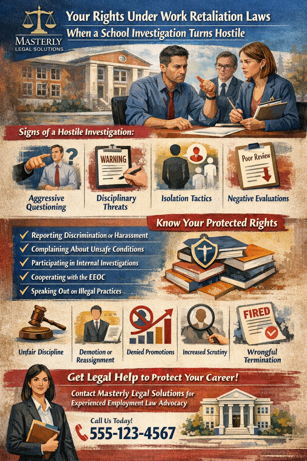 Your Rights Under Work Retaliation Laws When a School Investigation Turns Hostile
Educators often enter their profession because they care about students, fairness, and doing what is right. Unfortunately, situations sometimes arise where a school investigation shifts from a routine inquiry into something far more hostile. Teachers, administrators, and school staff may suddenly find themselves facing intimidation, disciplinary threats, or other forms of retaliation after raising legitimate concerns.
When this happens, it is important to understand that the law offers protections for employees who speak up about wrongdoing or unlawful behavior. Many educators do not realize that retaliation law exists to protect workers who report misconduct, discrimination, or harassment. Understanding these protections can help teachers protect their rights and their professional future.
At Masterly Legal Solutions, our team believes that educators deserve strong advocacy when school systems misuse authority. Investigations can become aggressive, and sometimes administrators attempt to silence those who raise concerns. In those situations, a knowledgeable employment lawyer can help educators understand their legal options and defend their careers.
This article explains how retaliation law applies when school investigations become hostile, how educators can recognize unlawful behavior, and how legal support may help protect their livelihood.
Understanding Work Retaliation in the Education Workplace
Retaliation occurs when an employer punishes an employee for engaging in a legally protected activity. Teachers and school employees often encounter retaliation after raising concerns about workplace discrimination, student safety issues, policy violations, or misconduct within a school system.
Under many federal laws and state law protections, employees have the right to report wrongdoing without fear of punishment. Unfortunately, some employers react negatively when complaints are made.
Retaliation may include negative actions taken against educators who report discrimination, harassment, or other violations of law. These actions may affect a teacher’s job status, reputation, or career advancement opportunities.
An experienced employment attorney often evaluates these cases by examining whether a teacher engaged in protected activity and whether the school administration responded with an adverse employment action, and a dedicated retaliation lawyer focused on workplace retaliation claims can help educators assess their options.
When a School Investigation Becomes Hostile
School investigations are meant to determine facts and resolve concerns. However, investigations can sometimes shift into intimidating processes where educators feel targeted rather than protected.
In some situations, teachers who report misconduct suddenly become the focus of the investigation. Administrators may begin documenting minor issues, questioning credibility, or threatening disciplinary action.
A hostile investigation may include:
Aggressive questioning intended to intimidate the employee
Sudden disciplinary notices after a complaint is filed
Attempts to isolate the teacher from colleagues
Negative performance reviews that appear retaliatory
Pressure to resign or accept severance
When these patterns appear, retaliation law may apply. A knowledgeable lawyer can review whether the investigation is being used as a tool of retaliation, and retaliation attorneys who focus on workplace law and employment protections can help teachers respond strategically.
What Counts as Protected Activity for Educators
Many teachers do not realize how many actions are considered protected activity under the law. Protected activity generally includes actions taken by employees to oppose unlawful conduct in the workplace.
Educators may be protected when they:
Report workplace discrimination or harassment
Complain about sexual harassment involving staff or students
Participate in an internal investigation
Cooperate with government agencies like the EEOC
Speak out about violations of federal laws
Once an employee has engaged in protected activity, employers are prohibited from punishing them because of it. If retaliation follows, the employee may have legal grounds for retaliation claims.
Common Forms of Retaliation in Schools
Retaliation does not always look dramatic at first. Sometimes it begins with subtle changes that escalate over time.
School employees may experience retaliation in several ways, including changes to job assignments, denial of promotion opportunities, or unjust disciplinary action.
Common examples include:
Sudden negative evaluations after a complaint
Loss of responsibilities or classroom reassignment
Denial of promotion opportunities
Increased scrutiny by administrators
Suspension or termination
In extreme cases, educators may face wrongful termination after raising concerns about discrimination or harassment.
An employment lawyer can examine whether these actions qualify as an adverse employment action under retaliation law.
Federal Laws That Protect Teachers From Retaliation
Several federal laws exist to protect workers from retaliation. These laws apply to many education workplaces, including public schools, universities, and private institutions.
One of the most important protections comes from Title VII of the Civil Rights Act, which prohibits discrimination and retaliation based on protected characteristics such as race, gender, and religion.
Title VII also protects employees who complain about workplace discrimination or sexual harassment. When an employee speaks out about misconduct and suffers retaliation, the employer may be violating federal laws.
The employment act and other workplace protections may also provide legal safeguards for employees who report violations.
A skilled employment attorney can analyze how these laws apply to a teacher’s situation.
State Law Protections for School Employees
In addition to federal protections, many states have additional retaliation law protections for workers. These laws may cover whistleblowers, discrimination complaints, or workplace safety concerns.
State law may also provide remedies that differ from federal law, including different filing deadlines or additional compensation options.
Teachers who believe their rights were violated should consult an employment lawyer who understands both federal laws and state law protections, such as an education law attorney for teachers and administrators who can navigate complex school regulations.
The Role of an Employment Lawyer During a Hostile Investigation
Facing a hostile school investigation can be overwhelming. Educators may feel pressured to defend themselves while trying to continue their daily responsibilities.
An experienced employment lawyer can provide guidance on how to respond to investigative questioning, documentation requests, and disciplinary threats, and an education lawyer offering expert legal support for teachers and schools can be especially valuable when school policies are involved.
Legal support may help educators:
Understand their legal rights under retaliation law
Protect themselves during interviews and statements
Preserve important evidence
Respond strategically to employer actions
Legal counsel can also evaluate whether the school’s conduct may support retaliation claims or other lawsuits.
Recognizing Retaliation After Reporting Harassment
Sexual harassment and other forms of harassment are serious workplace concerns. Teachers who report misconduct should never face punishment for doing so.
Unfortunately, retaliation sometimes occurs after employees complain about harassment.
An educator may notice increased scrutiny, reduced responsibilities, or disciplinary warnings after reporting sexual harassment.
These actions may violate retaliation law if the employer punishes the employee because they engaged in protected activity.
A knowledgeable lawyer can help determine whether the employer’s actions violate workplace protections, and an expert education lawyer providing legal support for schools and teachers can connect retaliation issues with broader education law concerns.
Proving Retaliation in Employment Cases
Proving retaliation requires evidence that links the employee’s complaint to the employer’s actions. Courts often examine several key elements when evaluating retaliation claims.
First, the employee must show they engaged in protected activity. This might involve reporting discrimination, participating in an investigation, or cooperating with a government agency.
Second, the employee must demonstrate that an adverse employment action occurred.
Finally, the employee must show a connection between the complaint and the employer’s response.
Evidence used to prove retaliation may include emails, performance reviews, witness testimony, and investigative transcripts, and an education law attorney offering expert legal guidance for teachers can help organize and present this information effectively.
Evidence That May Help Prove Discrimination and Retaliation
Evidence plays a crucial role in retaliation lawsuits. Teachers who believe they are being targeted should carefully document events as they occur.
Important forms of evidence may include:
Written complaints submitted to administrators
Emails or messages showing employer responses
Disciplinary notices issued after a complaint
Performance reviews that suddenly become negative
Statements from colleagues
An employment attorney may also analyze transcripts from investigative interviews to identify inconsistencies or signs of bias.
The Importance of Documentation
Educators should keep detailed records if they suspect retaliation. Documentation can provide valuable evidence later in legal proceedings.
Teachers may benefit from recording key details such as dates of meetings, statements made during investigations, and any disciplinary actions taken.
Maintaining organized records may strengthen retaliation claims if legal action becomes necessary.
How Retaliation Affects Teachers' Careers
Retaliation can have serious consequences for educators. Investigations and disciplinary actions may damage professional reputations and create stress that affects both personal and professional life.
Teachers who experience retaliation may fear losing their job or being unable to find work elsewhere.
Legal representation from an experienced employment lawyer may help educators protect their careers and pursue fair outcomes.
When Retaliation Leads to Wrongful Termination
In severe cases, retaliation may escalate into termination.
Wrongful termination occurs when an employee is fired for illegal reasons, such as reporting workplace discrimination or harassment.
If an educator is fired after making a complaint, retaliation law may provide a legal pathway to challenge the termination, and working with counsel experienced in education law and teacher license defense legal services can help protect both employment and certification.
Legal claims may seek compensation for lost wages, emotional distress, and other damages.
Understanding Severance and Settlement Options
Sometimes employers offer severance packages to resolve disputes with employees.
While severance agreements may appear beneficial, they often include legal waivers that prevent employees from pursuing retaliation lawsuits.
Before accepting severance, educators should consider consulting an employment attorney to review the terms.
A lawyer may help negotiate more favorable terms or identify legal rights that should not be waived.
Filing Complaints With Government Agencies
Some retaliation claims involve filing complaints with government agencies such as the EEOC.
These agencies investigate workplace discrimination and retaliation allegations.
Filing a complaint may be an important step before pursuing a lawsuit in court.
An employment lawyer can help determine whether filing with the EEOC is necessary and guide employees through the process.
The Role of Legal Strategy in Retaliation Lawsuits
Retaliation lawsuits require careful legal strategy. Attorneys analyze evidence, witness statements, and employer policies to build strong cases.
Legal teams may also examine investigative transcripts and internal communications to identify signs of bias or unlawful conduct.
Effective legal representation can make a significant difference in the outcome of these cases.
Educational Resources and Online Information
Many educators turn to online resources to understand their rights. Some legal firms provide educational content, including articles and informational video presentations.
When browsing legal information online, you may encounter embedded content similar to a video player interface.
You might see messages like:
“Tap to unmute”
“Sign in to YouTube”
“Watch full video”
“Playback doesn't begin shortly, try restarting your device”
“An error occurred while retrieving sharing information”
These prompts often appear on a website when video content is embedded.
Some pages allow viewers to show transcript sections or explore comments below the video. Occasionally viewers may see notices such as “videos you watch may be added to the TV's watch history and influence TV recommendations.”
While these video features can provide useful information, they should not replace personalized legal advice from an employment lawyer.
How Legal Guidance Protects Educators
Teachers facing retaliation deserve strong advocates who understand both employment law and the education system.
A dedicated lawyer can explain complex legal protections and guide educators through difficult situations.
Legal representation may help teachers respond effectively to hostile investigations, negotiate resolutions, and pursue justice when laws are violated.
Advocacy for Teachers and School Employees
Educators often feel isolated when facing retaliation from administrators or school districts. Having legal support can help level the playing field.
Lawyers experienced in retaliation law work to protect employees who speak up about misconduct.
Their goal is to ensure that teachers are treated fairly and that employers follow the law.
The Importance of Acting Quickly
Retaliation claims often involve strict legal deadlines. Waiting too long to seek legal advice may limit available options.
Teachers who believe they are experiencing retaliation should consider consulting an employment lawyer as soon as possible.
Early legal guidance may help preserve evidence and protect important legal rights.
Protecting Your Rights During Investigations
If you are involved in a school investigation, it is important to remain calm and document all interactions.
Avoid making statements without understanding your rights, and consider seeking legal guidance before responding to complex allegations.
Retaliation law exists to protect employees who act in good faith when reporting misconduct.
Support From Masterly Legal Solutions
At Masterly Legal Solutions, we understand the challenges educators face when investigations turn hostile. Teachers and administrators deserve representation that protects their rights and professional reputation.
Our legal team is committed to standing beside educators who believe they have experienced retaliation, harassment, or discrimination in the workplace.
We work diligently to explain legal options, evaluate evidence, and advocate for teachers whose careers may be at risk.
Addressing Employment Discrimination in School Workplaces
Employment discrimination can arise in many forms within educational institutions, especially when teachers raise concerns about misconduct or unfair treatment. When educators report wrongdoing and face negative consequences in response, retaliation law may become relevant. An experienced employment lawyer can examine whether the school administration’s actions violate protections under the civil rights act or other workplace laws. Retaliation connected to employment discrimination may involve demotions, disciplinary action, or termination after an employee speaks up. Understanding these protections can help educators recognize when a school district may have crossed the line into unlawful behavior.
Age Discrimination and Retaliation Concerns for Educators
Age discrimination is another issue that sometimes appears during school investigations or employment disputes. Experienced teachers may face unfair treatment if administrators assume older employees are less adaptable or resistant to new policies. When educators complain about age discrimination and then face retaliation, the situation may violate retaliation law and other employment protections. A knowledgeable employment lawyer can evaluate whether the school district engaged in unlawful discrimination or retaliatory behavior. Protecting experienced educators ensures that schools value expertise rather than penalizing it, and in some states specialized counsel focuses on North Carolina educator misconduct defense and license protection when investigations threaten long careers.
Reviewing Evidence Along Using the Transcript of Investigations
When a school investigation becomes hostile, reviewing documentation carefully is essential, particularly in Texas where defense against TEA investigations and license threats can determine an educator’s ability to continue teaching. Attorneys often analyze interview records along using the transcript from investigative meetings to understand exactly what occurred. These transcripts can reveal whether administrators pressured employees, ignored key evidence, or treated individuals differently after they reported misconduct. In retaliation lawsuits, the transcript may help show the sequence of events and whether an employee’s protected activity triggered disciplinary action. This careful analysis helps lawyers explain how retaliation developed during the investigation process.
Learning About Workplace Rights Through Online Videos
Many educators explore legal topics online while trying to understand their rights. Some people watch educational videos about retaliation law on platforms like YouTube on your computer while researching workplace protections. These videos often explain how retaliation lawsuits work and what employees should do when employers respond negatively to complaints. Although these videos can provide helpful background information, they cannot replace advice from an experienced employment lawyer. Speaking directly with legal counsel allows educators to discuss their specific situation and receive guidance tailored to their case.
Understanding Online Video Prompts While Researching Legal Information
While watching legal educational content online, viewers may encounter prompts such as cancel and sign in messages that appear on video platforms. These notices may appear when someone attempts to access features like comments, transcripts, or additional video settings. Although these prompts are common technical messages, they can sometimes interrupt the viewing experience. Teachers researching retaliation law may see these notices while attempting to learn more about employment protections. Despite these interruptions, educational videos can still provide general insight into workplace rights.
Avoiding Disruptions When Watching Educational Videos
Sometimes viewers see messages suggesting they should avoid this cancel prompt and sign in again when accessing online video resources. These messages appear when certain platform features require user authentication. Educators researching retaliation or workplace discrimination issues may encounter these prompts while watching legal educational videos. Even though these notifications can be frustrating, they do not affect the underlying legal information being presented. Teachers should remember that online resources are only a starting point for understanding their legal rights.
When to Seek Help From a Legal Office
When workplace issues escalate into retaliation or discrimination, educators should consider contacting a qualified legal office for guidance. An experienced employment lawyer can evaluate the situation and determine whether retaliation law applies. Legal professionals may review documentation, transcripts, and communications to understand the full scope of the dispute. Seeking advice early may help employees protect their rights and avoid further harm to their career. Having professional support can make a significant difference when dealing with complex workplace disputes.