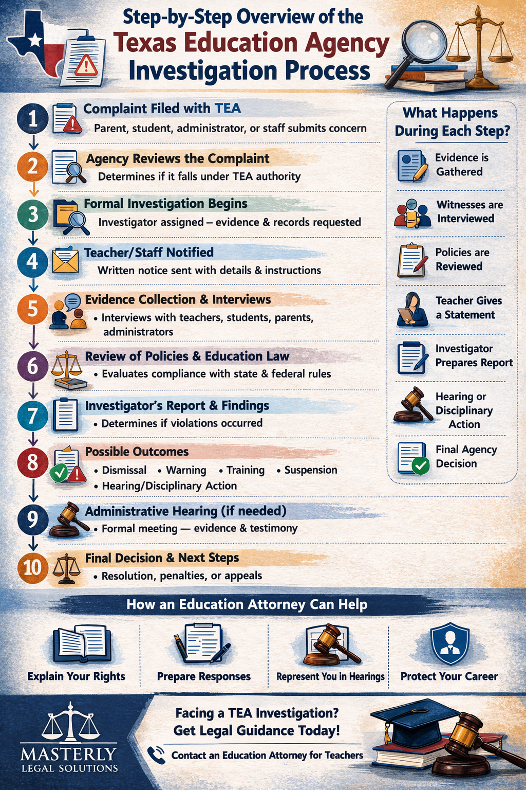 Step-by-Step Overview of the Texas Education Agency Investigation Process” illustrating the stages of a TEA investigation, including complaint filed, notice of investigation, evidence gathering, interviews, report and findings, possible outcomes such as warnings or suspension, and how an education attorney can help protect a teacher’s career.