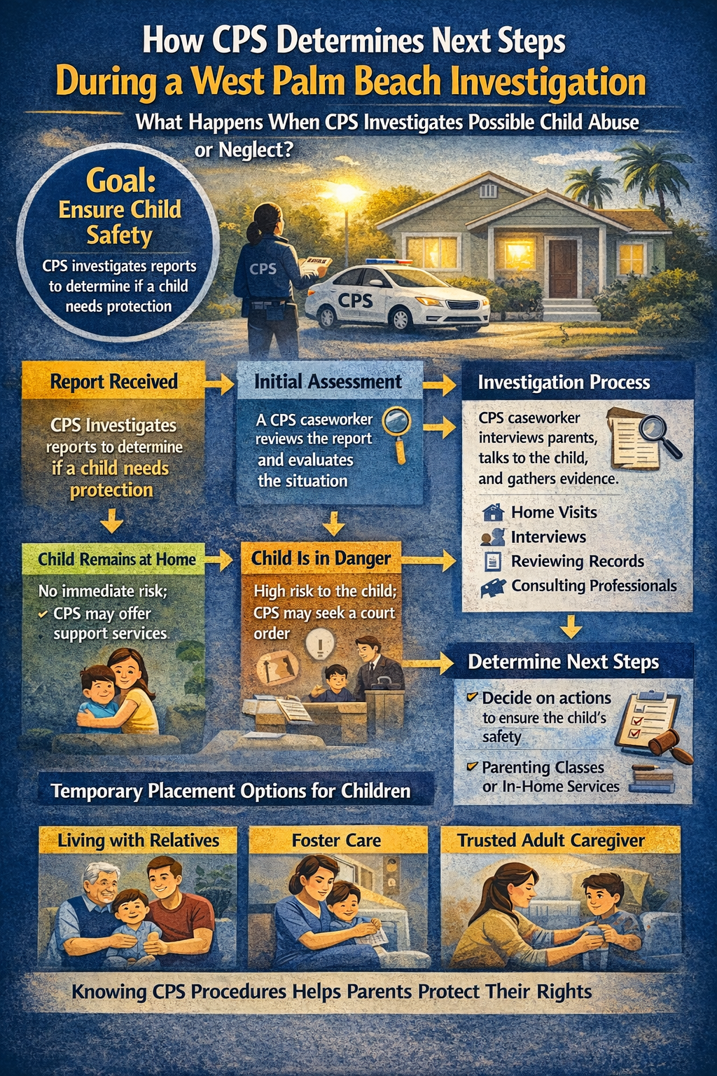 Child Protective Services determines next steps during a West Palm Beach investigation, outlining stages such as report received, initial assessment by a CPS caseworker, investigation through interviews and evidence review, risk evaluation, and possible outcomes including in-home services, living with relatives, or foster care placement to ensure child safety.