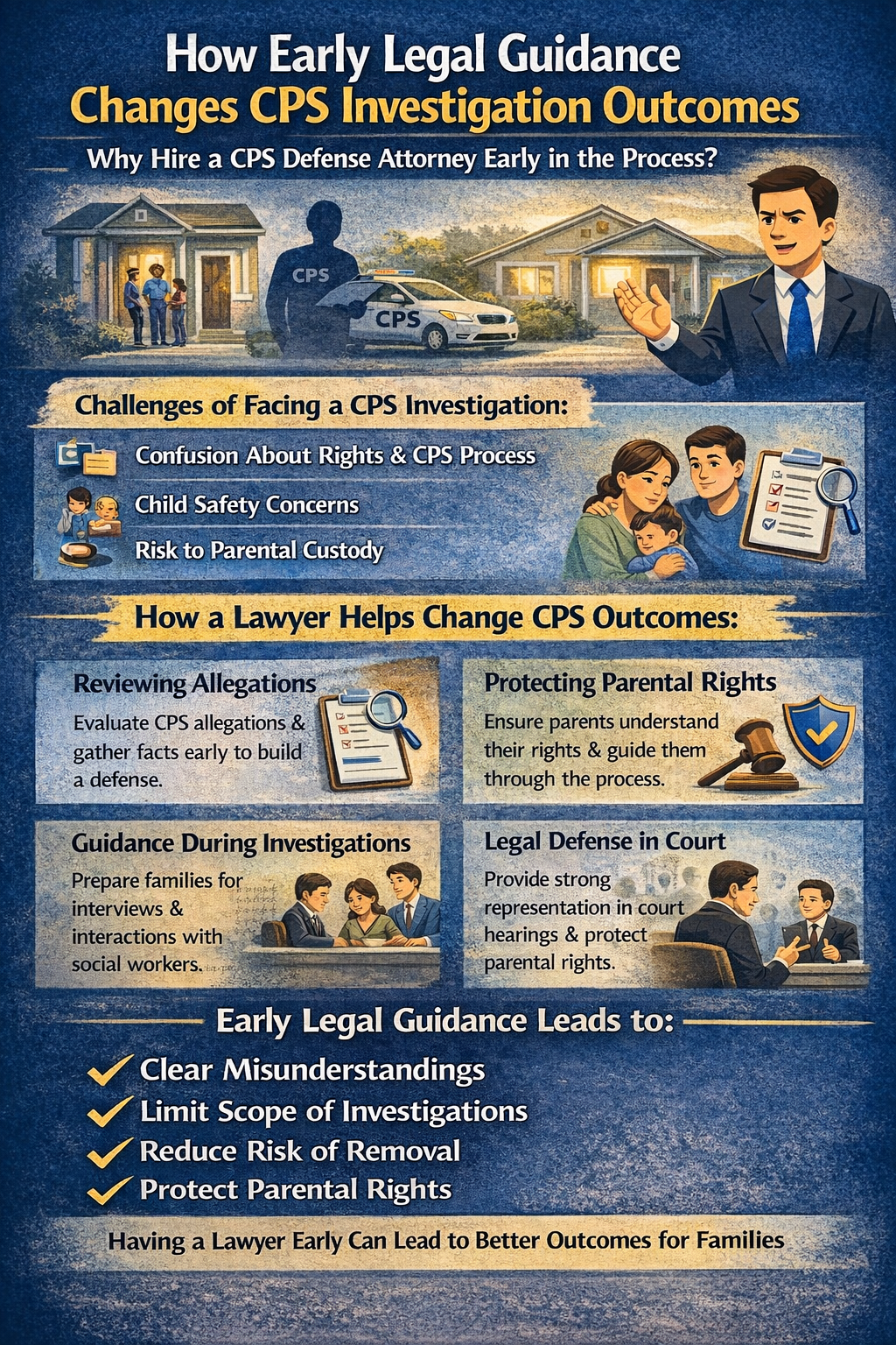 Infographic explaining how early legal guidance can influence CPS investigation outcomes, showing challenges families face during a CPS investigation, how a CPS defense attorney can review allegations, protect parental rights, guide families through interviews, provide court representation, and help reduce the risk of child removal while improving case outcomes.