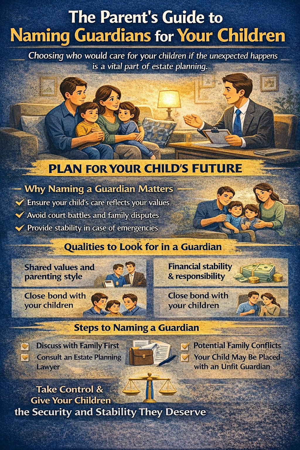 The Parent’s Guide to Naming Guardians for Your Children,” explaining why parents should name a legal guardian in estate planning, key qualities to consider when choosing a guardian, and steps such as discussing the decision with family and consulting an estate planning attorney to ensure children are cared for if the unexpected happens.