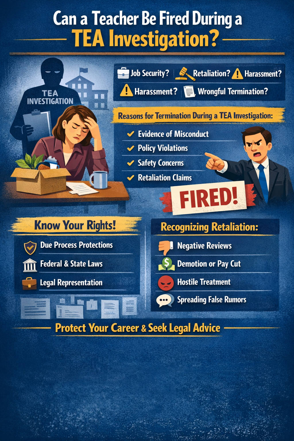 whether a teacher can be fired during a Texas Education Agency (TEA) investigation, highlighting reasons for termination such as misconduct, policy violations, and safety concerns, along with teacher rights, due process protections, and examples of workplace retaliation.