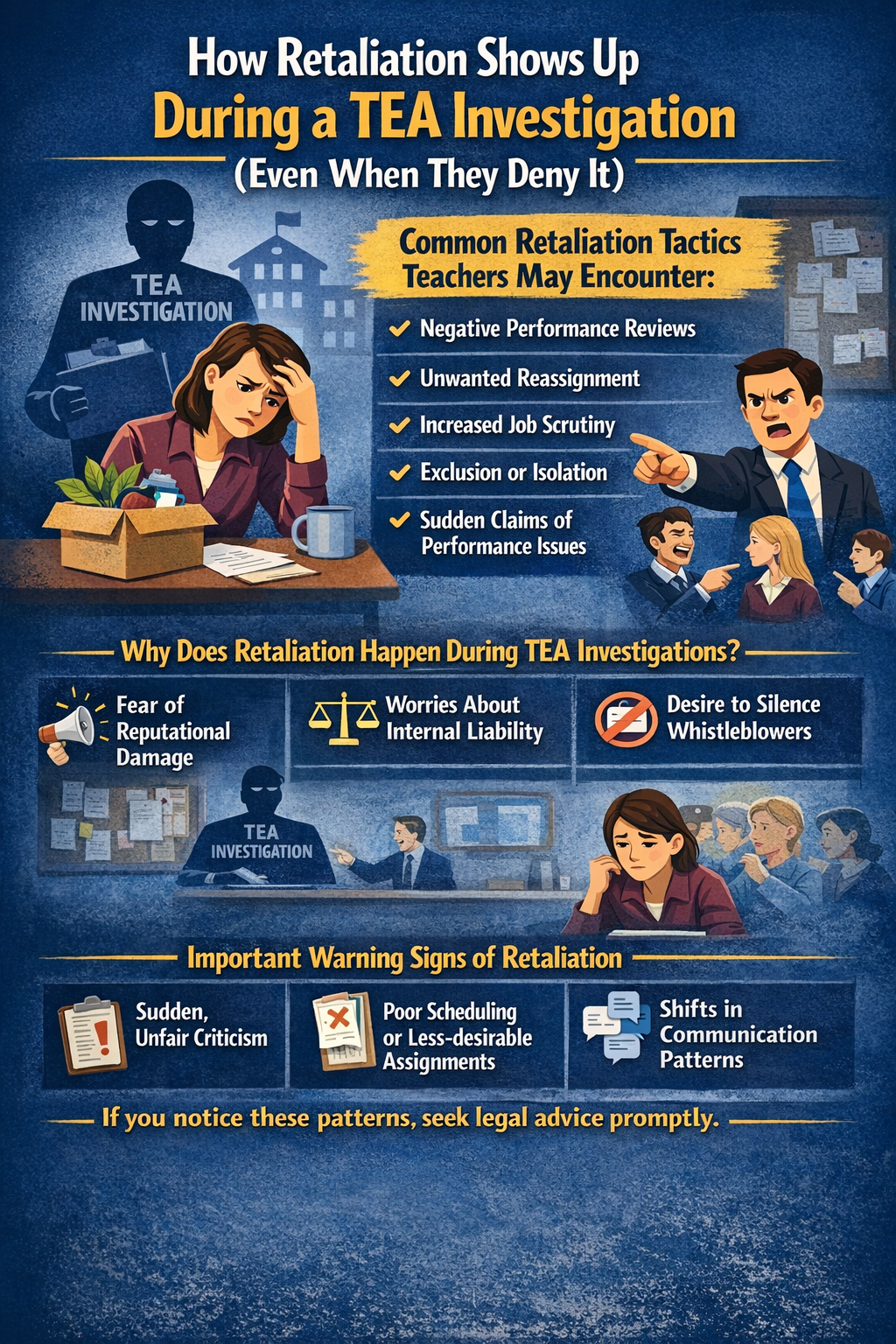Infographic explaining how workplace retaliation may appear during a Texas Education Agency (TEA) investigation, highlighting warning signs such as negative performance reviews, unwanted reassignment, increased job scrutiny, workplace isolation, and sudden performance complaints, along with reasons retaliation may occur and why teachers should seek legal guidance.