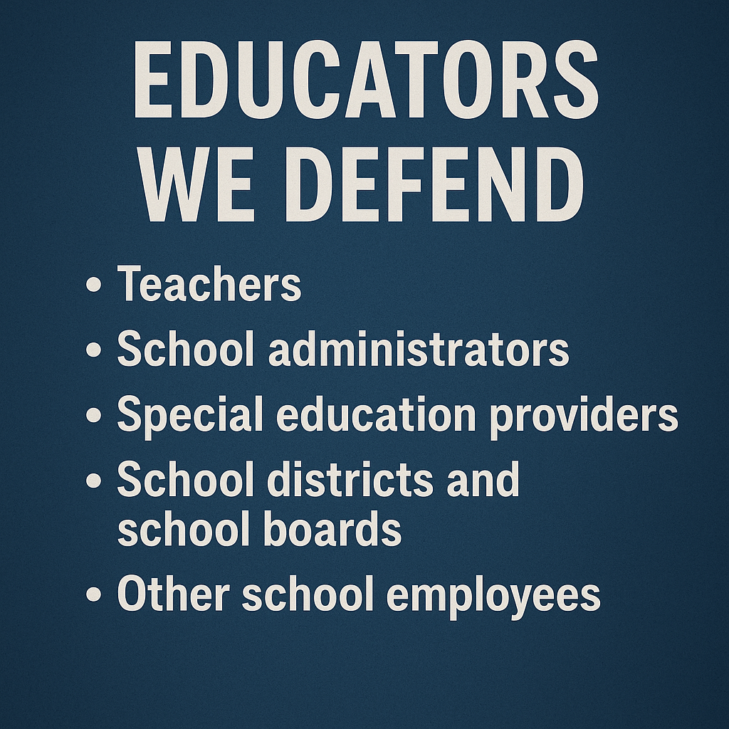 Bold white text saying ‘The Moment You Hear from the TEA, Your Defense Has Already Started’ centered on a dark blue background, overlaid on a subtle image of balanced justice scales, symbolizing legal defense and protection for educators.