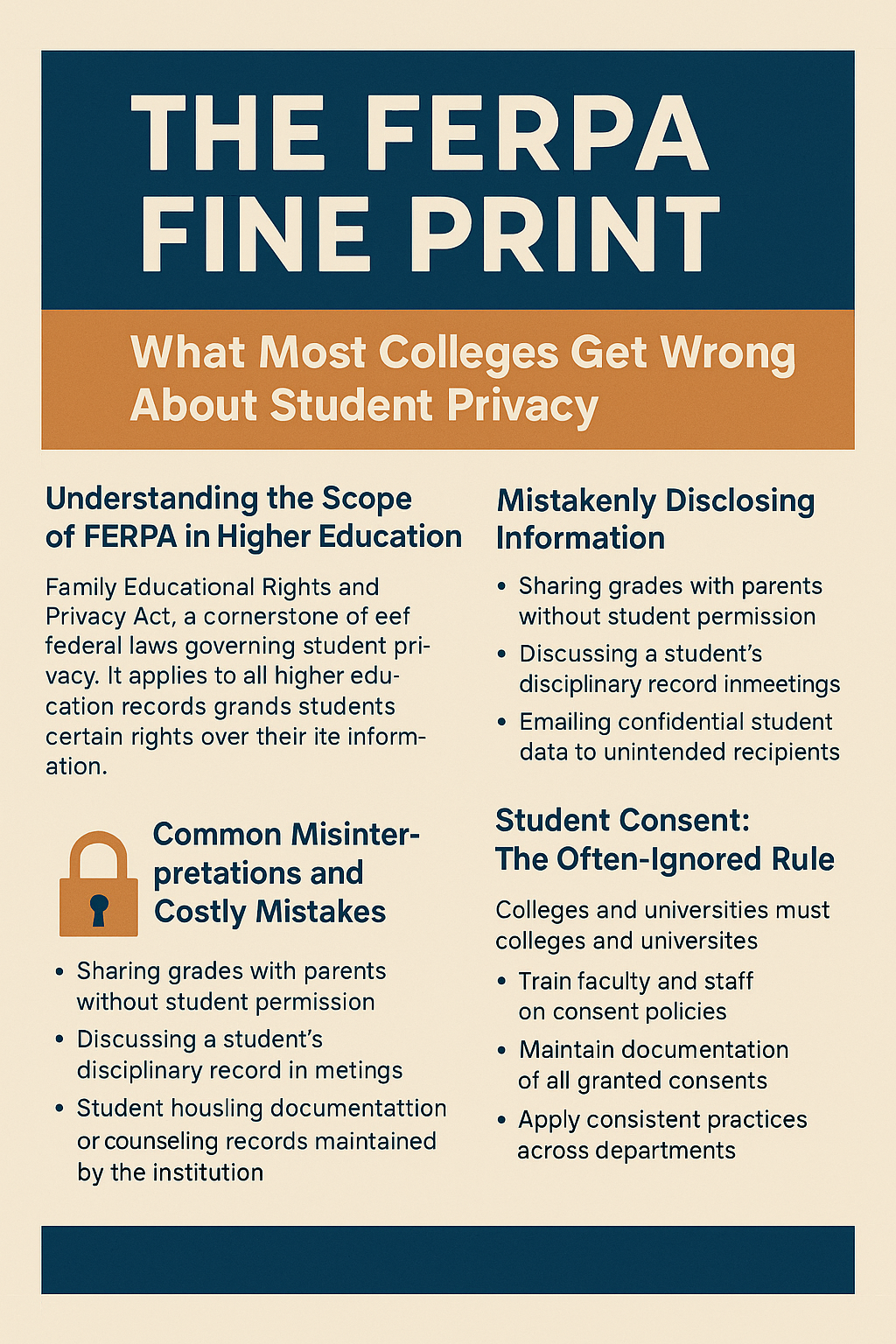 An informational graphic titled “The FERPA Fine Print: What Most Colleges Get Wrong About Student Privacy.” The design is divided into four sections with a dark blue and orange color scheme. It outlines key points about FERPA (Family Educational Rights and Privacy Act) in higher education, highlighting common misinterpretations such as mistakenly disclosing information, the importance of student consent, and costly mistakes like sharing grades without permission or misclassifying records. Bullet points and icons visually support each section for clarity.