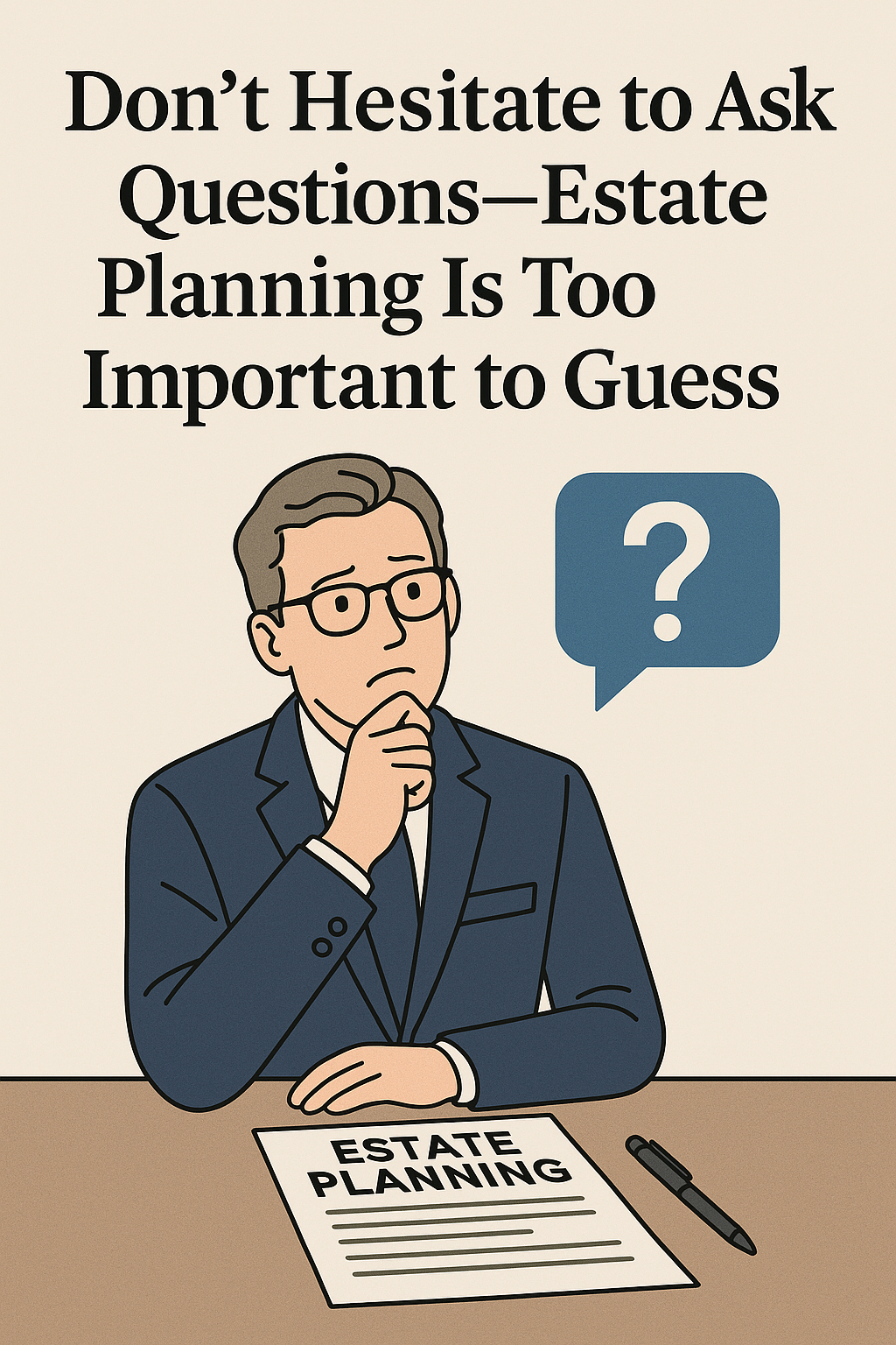A 2D digital graphic emphasizing the importance of asking questions about estate planning. The top portion displays the bold message: “Don’t Hesitate to Ask Questions—Estate Planning Is Too Important to Guess.” Below, a thoughtful man in a suit with glasses is shown resting his chin on his hand while looking at an estate planning document on a table. A speech bubble with a question mark hovers near his head, symbolizing uncertainty or curiosity. A pen lies beside the document.