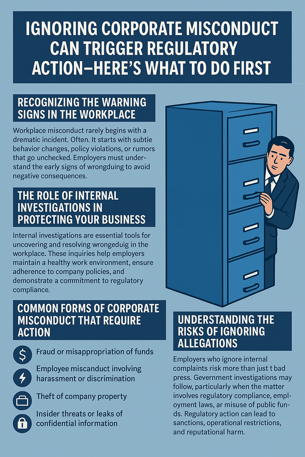 An informational digital graphic features a light blue background with navy blue headers and white bold text. It is divided into four sections: “Recognizing the Warning Signs in the Workplace,” “The Role of Internal Investigations in Protecting Your Business,” “Common Forms of Corporate Misconduct That Require Action,” and “Understanding the Risks of Ignoring Allegations.” On the right side, there is an illustration of a tall blue filing cabinet with a worried man in a business suit peeking out from behind it. Each section contains concise text and icons representing topics like fraud, harassment, and confidentiality.